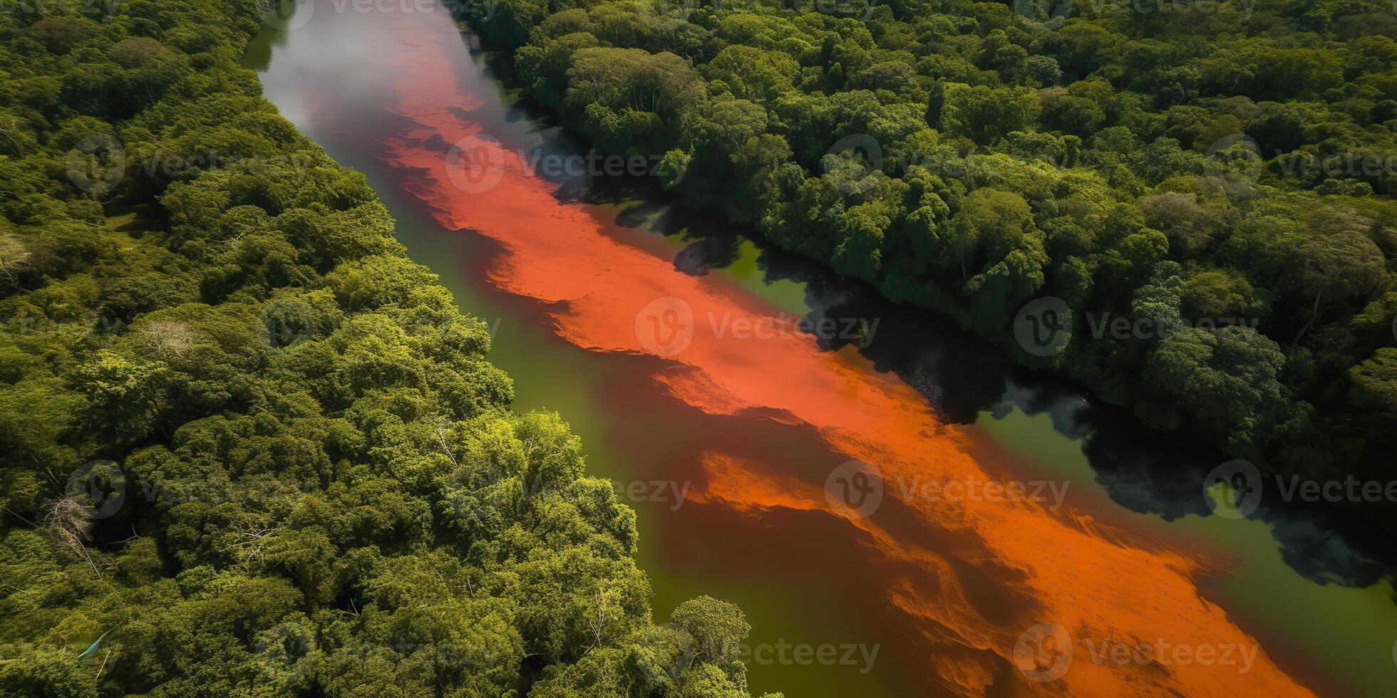 . . Photo realistic illustration of top view dron amazon river in the rain season. Adventure tropical explore vibe. Graphic Art