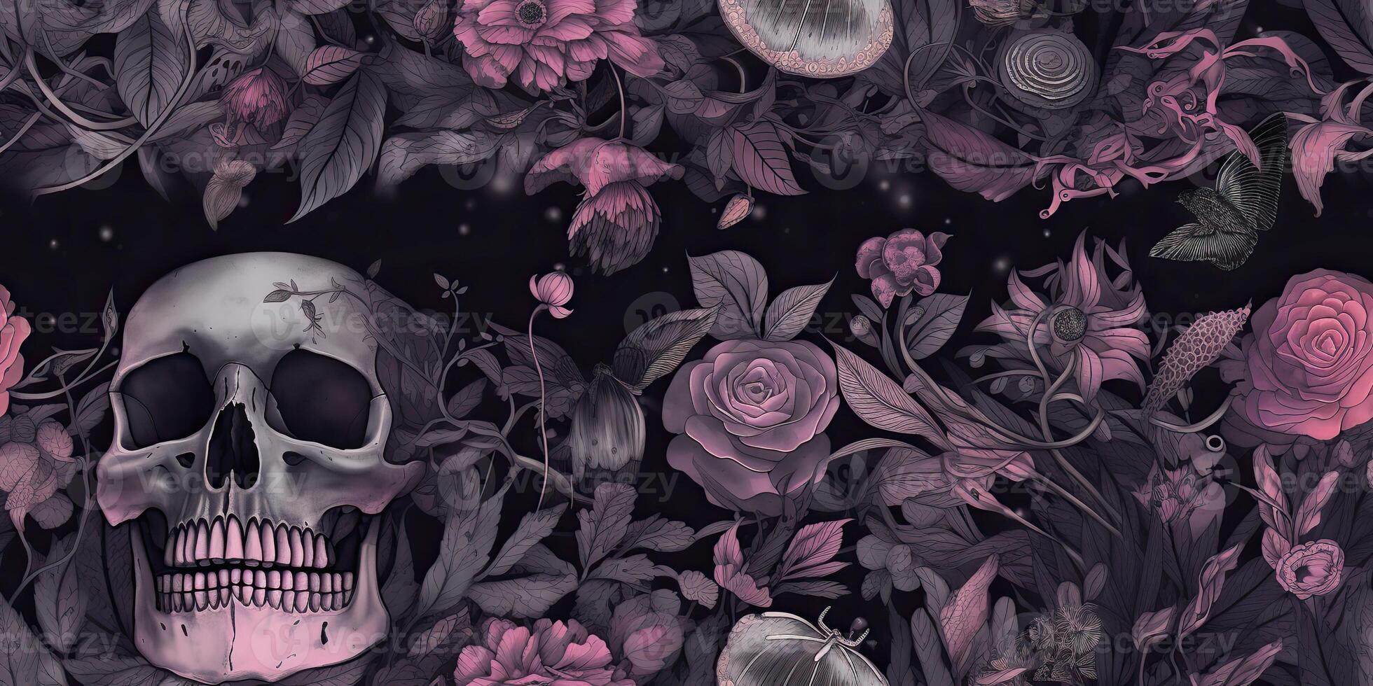 . . Background pattern with dark moody forest flowers and skulls. Halloween magic scary spooky vibe. Graphic Art photo