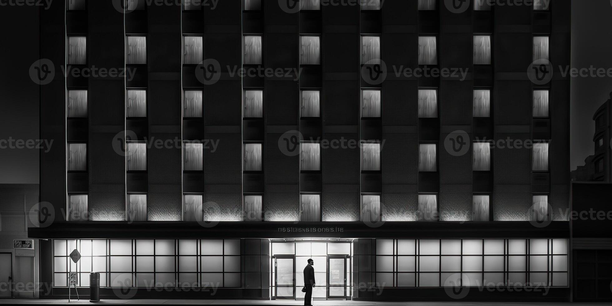 . . Monochrome black and white city urban photo realistic illustration with lonely person. Noir drama lonely vibe. Graphic Art