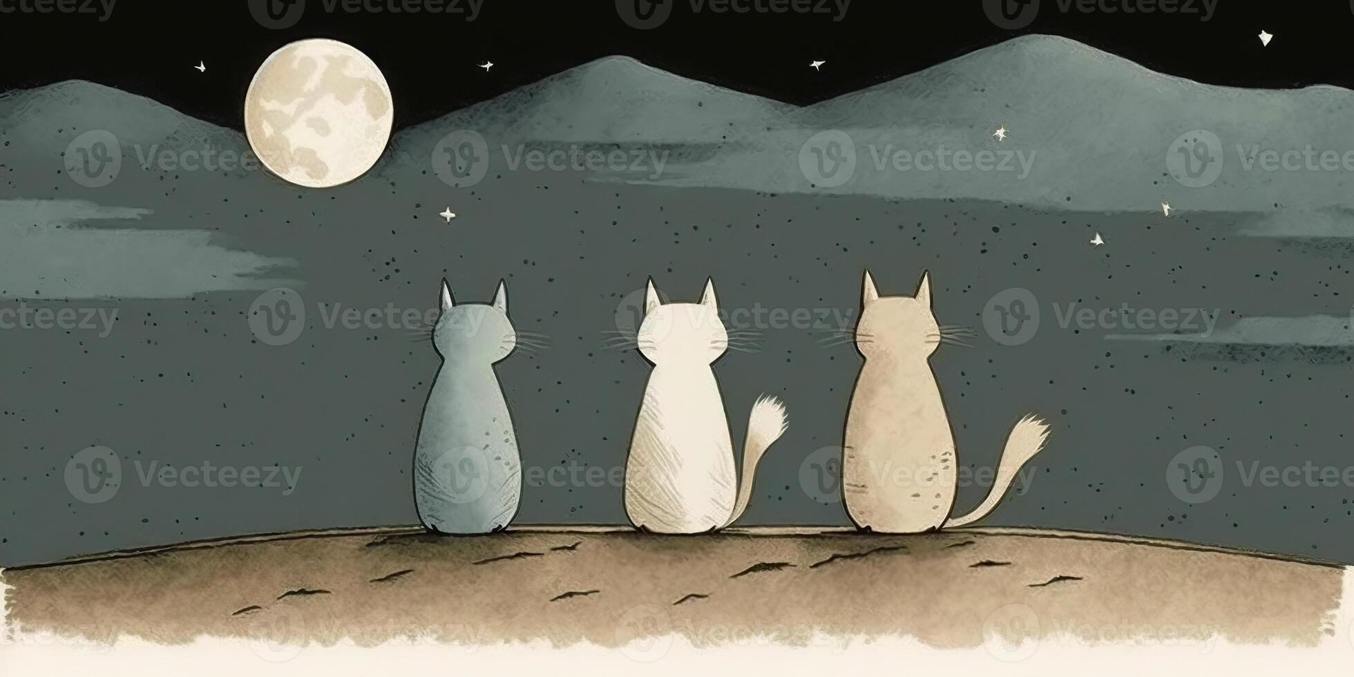 . Cartoon illustration of cats looking at moon. Nigh magic romantic vibe. Inspired by Jon Klassen. . Graphic Art photo