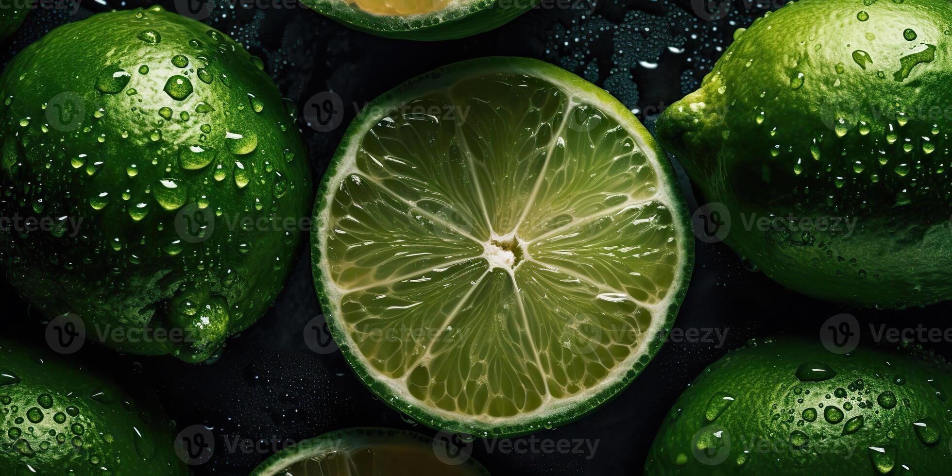 . . Macro shot photography of slices limes green tropical fruits. Graphic Art photo
