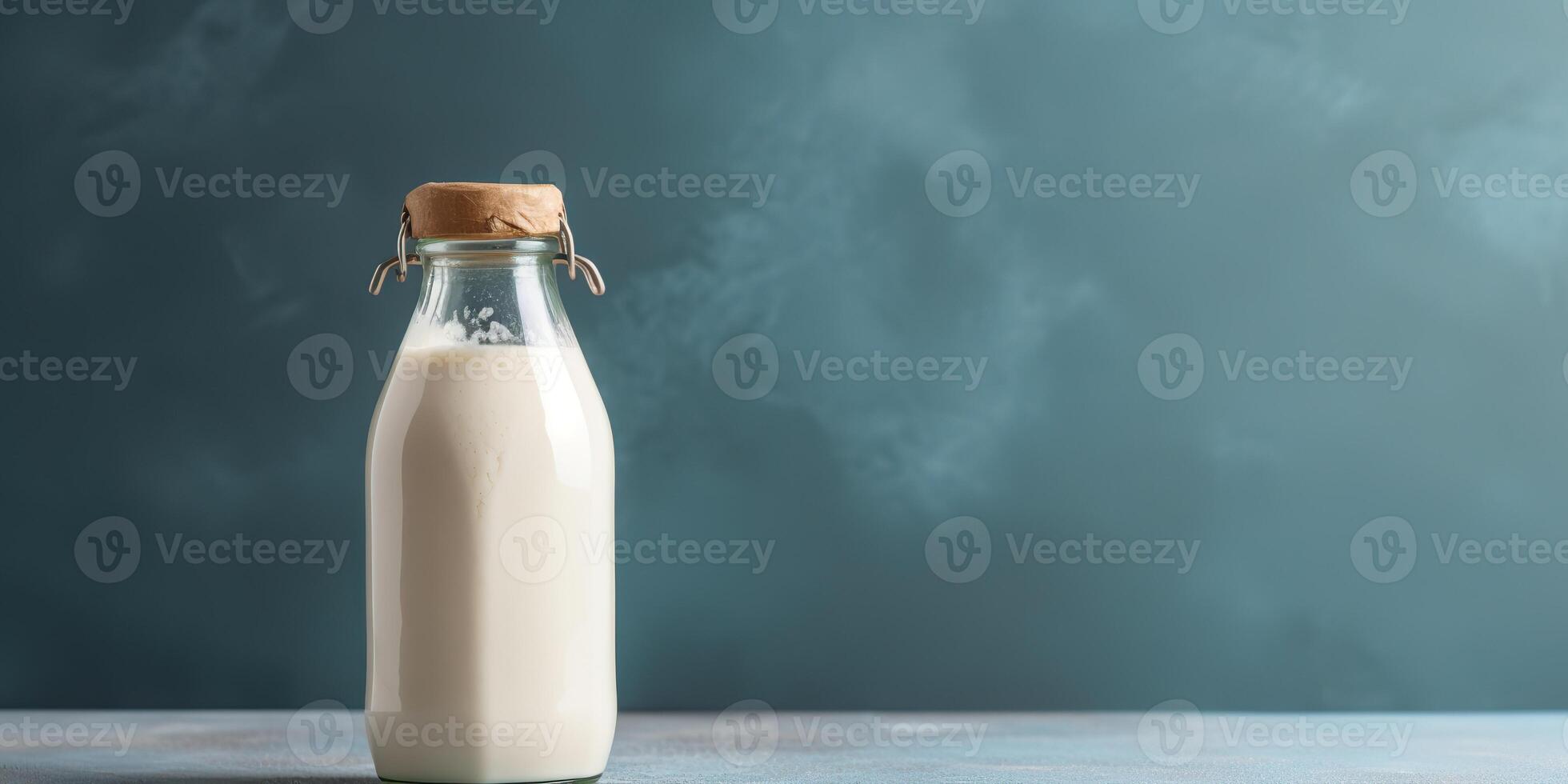 . . Mock up photo copy space illustration of retro vintage glass bottle of milk on kitchen table. Graphic Art