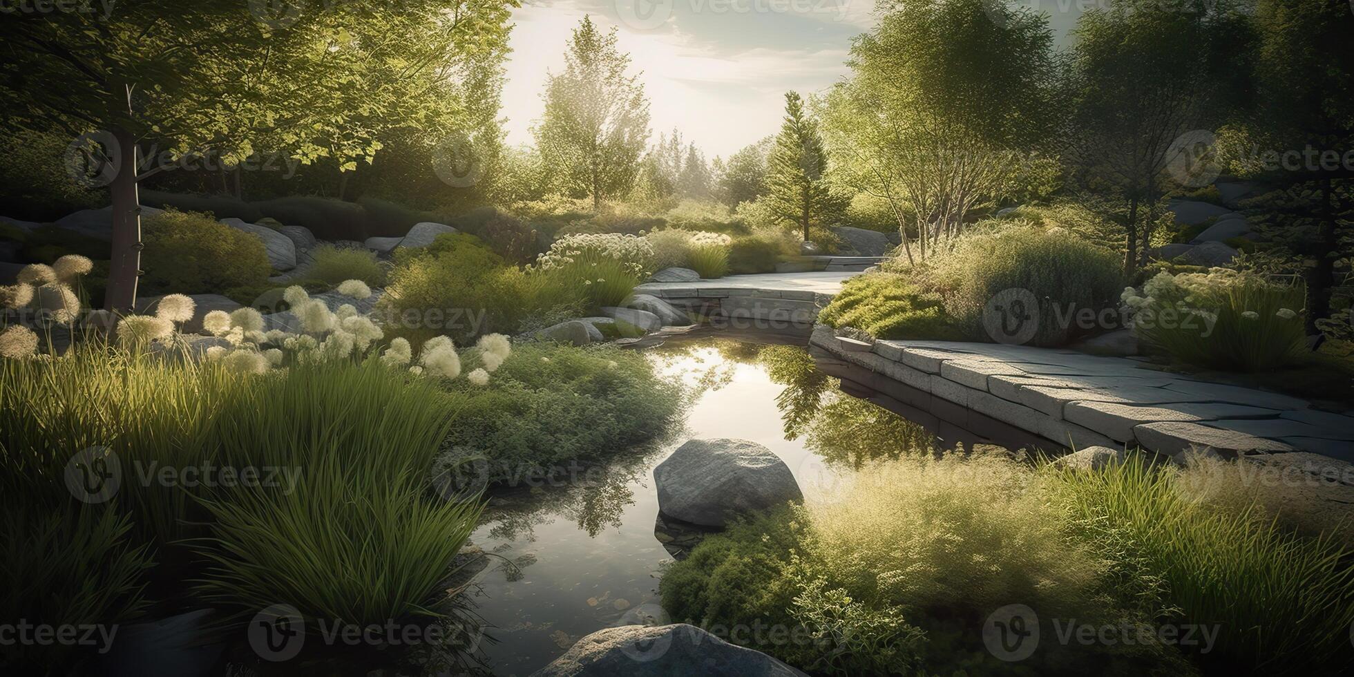 . . Photo realistic illustration of scandinavian peace calm meditation garden outside city house. Relax vibe. Graphic Art