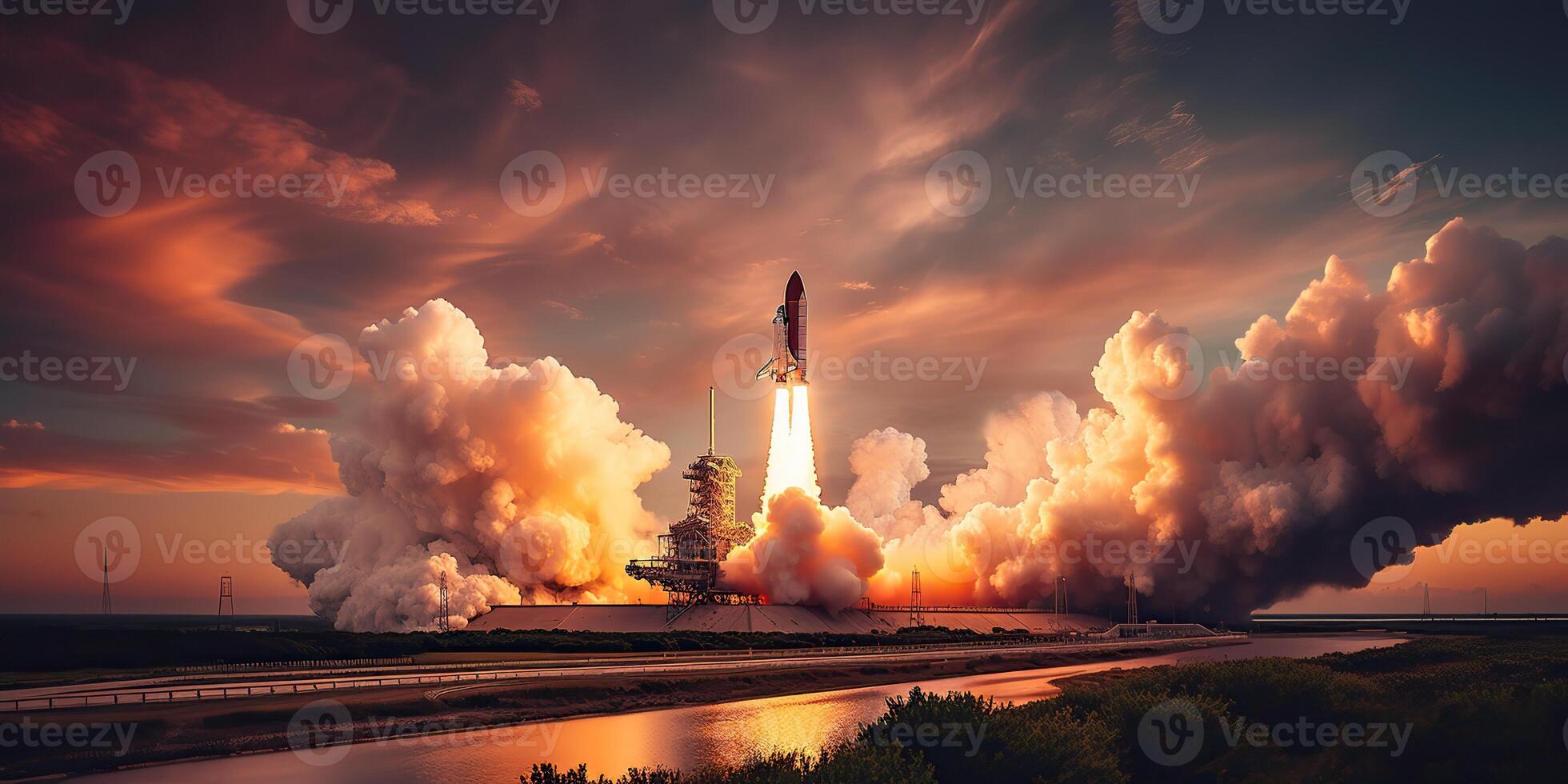 . . Photo realistic illustration of rocket shutle ship nasa launching. Adventure space travel explore vibe. Graphic Art
