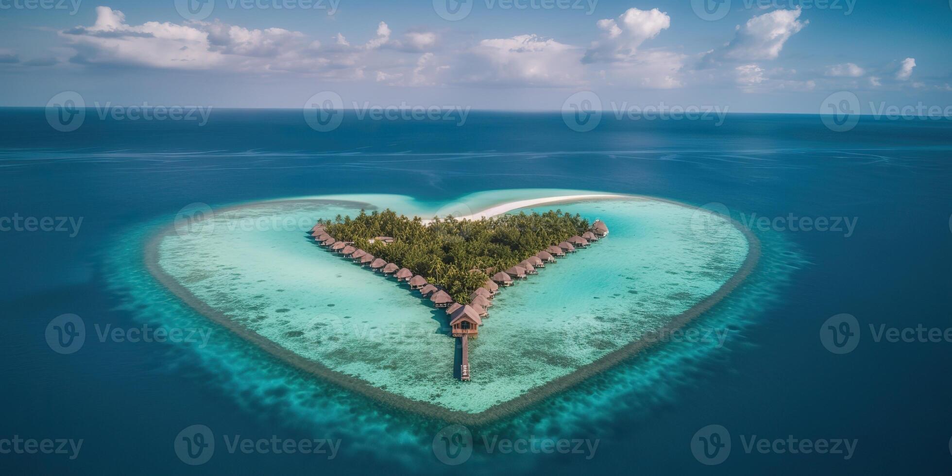 . . Aerial drone photo realistic illustration of island maldives in heart shape. Paradise adventure vacation tropical vibe. Graphic Art