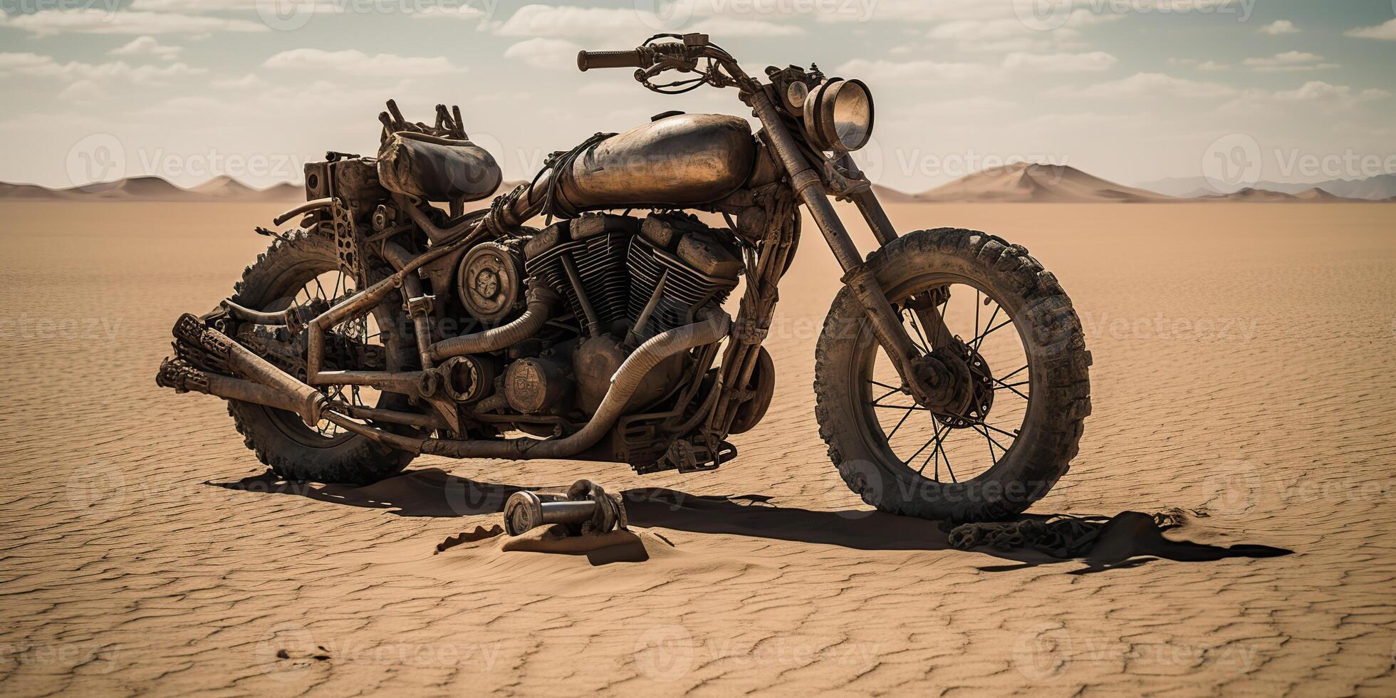 ai generado. ai generativo. antiguo Clásico retro brutal motor bicicleta en Desierto la carretera. enojado max película inspirado. aventuras explorar viaje onda. gráfico Arte foto