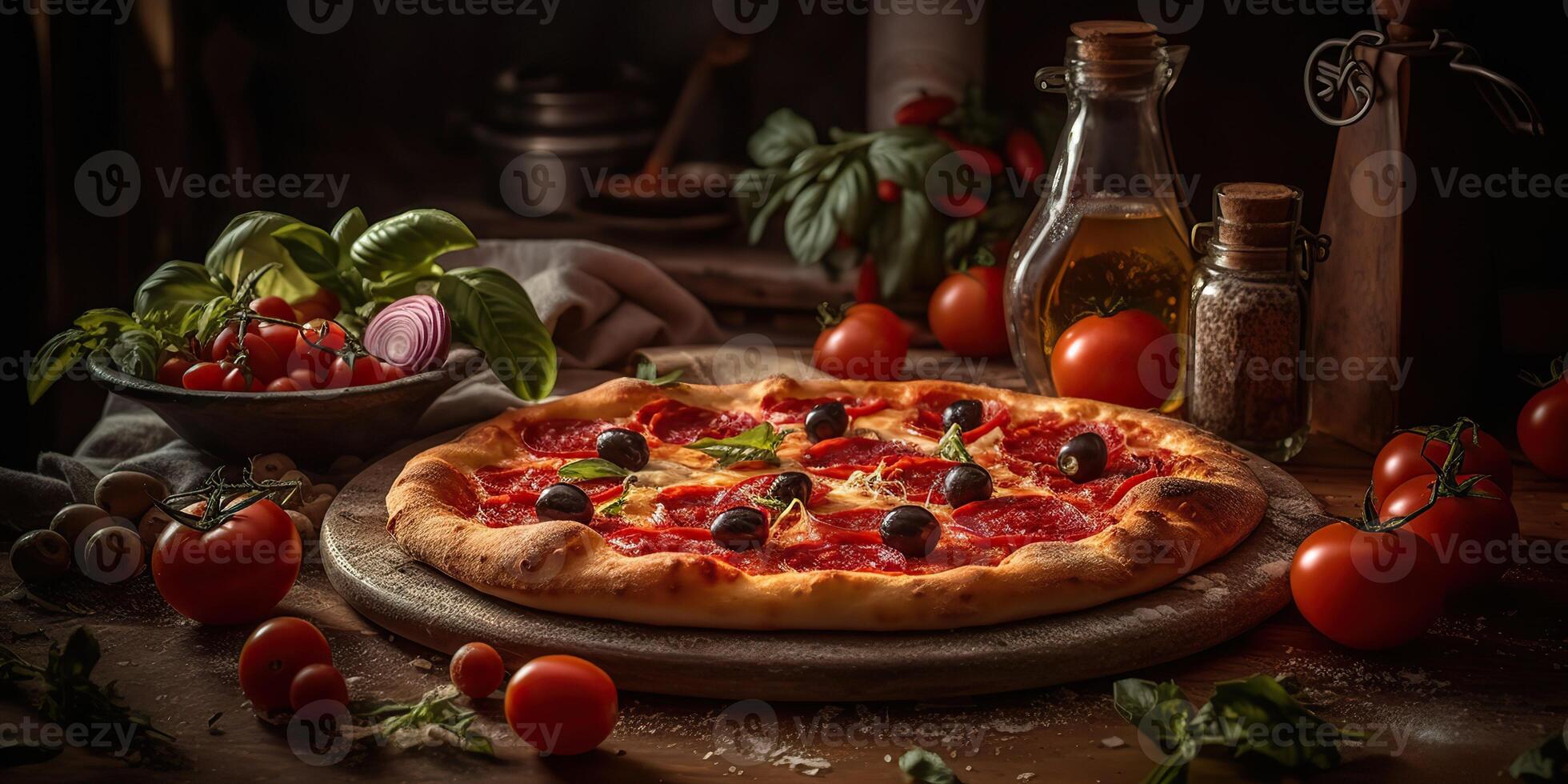 ai generativo. ai generado. foto realista ilustración de sabroso italiano Pizza familia cena. gráfico Arte