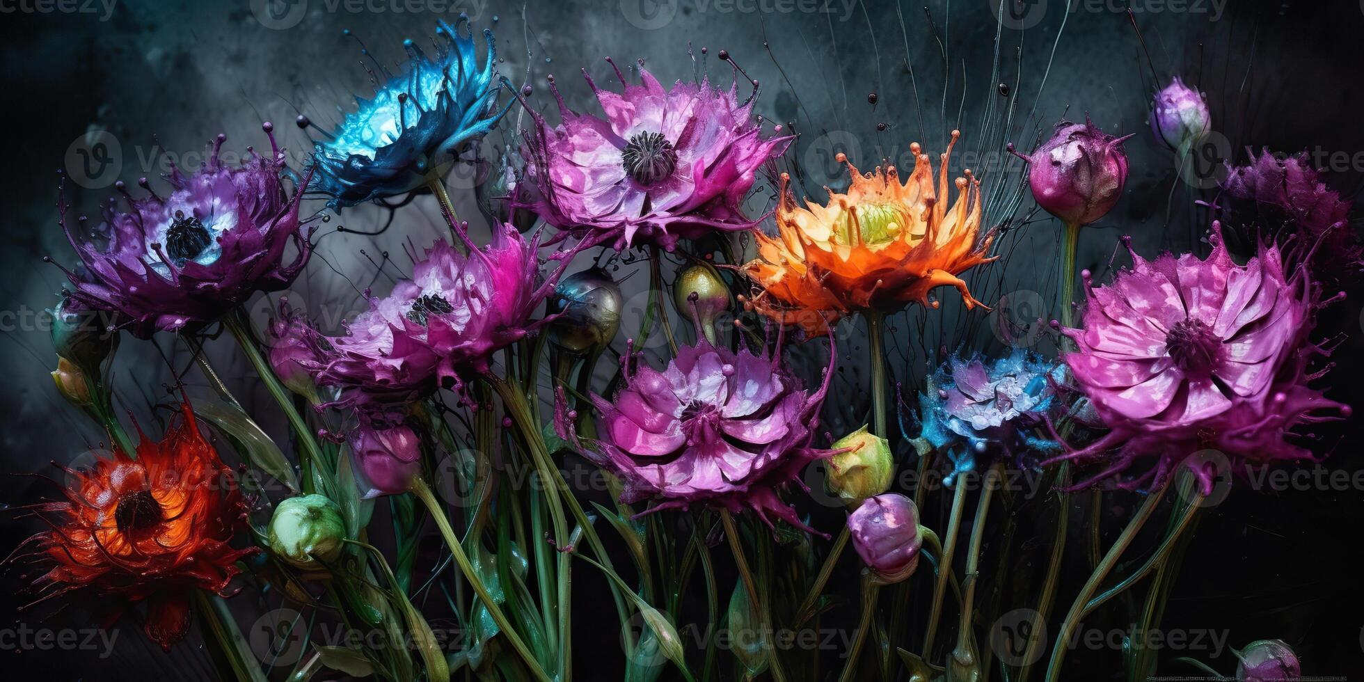 . . Beatiful painted oil drawing flowers. Aesthetics style inspired by dark mood Tim Burton vibe. Graphic Art photo