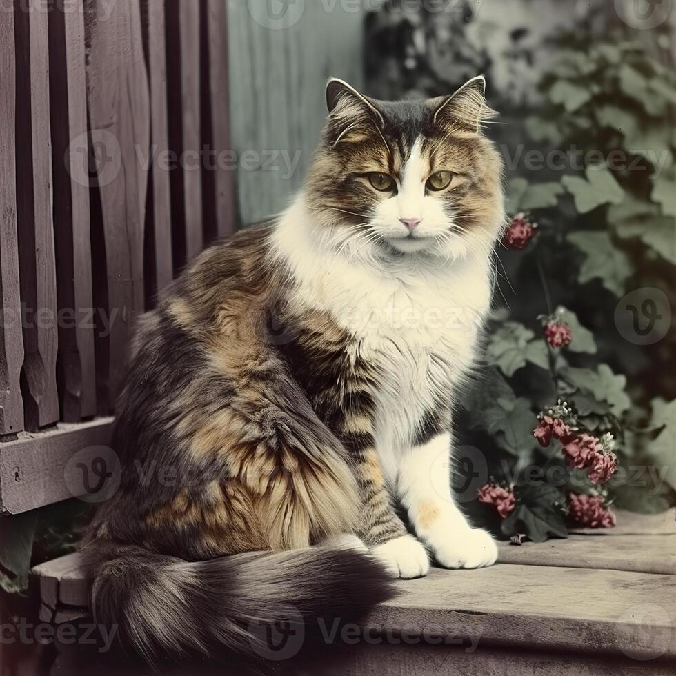 . . 1910s vintage retro coloured photo realistic photography illustration. Pen animal kitty cat relax vibe. Graphic Art