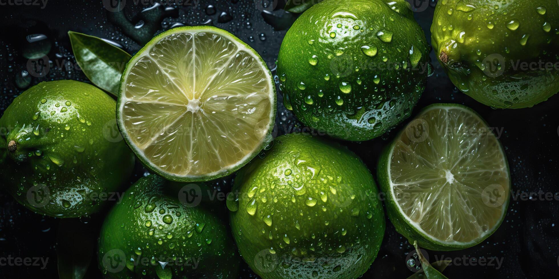 . . Macro shot photography of slices limes green tropical fruits. Graphic Art photo