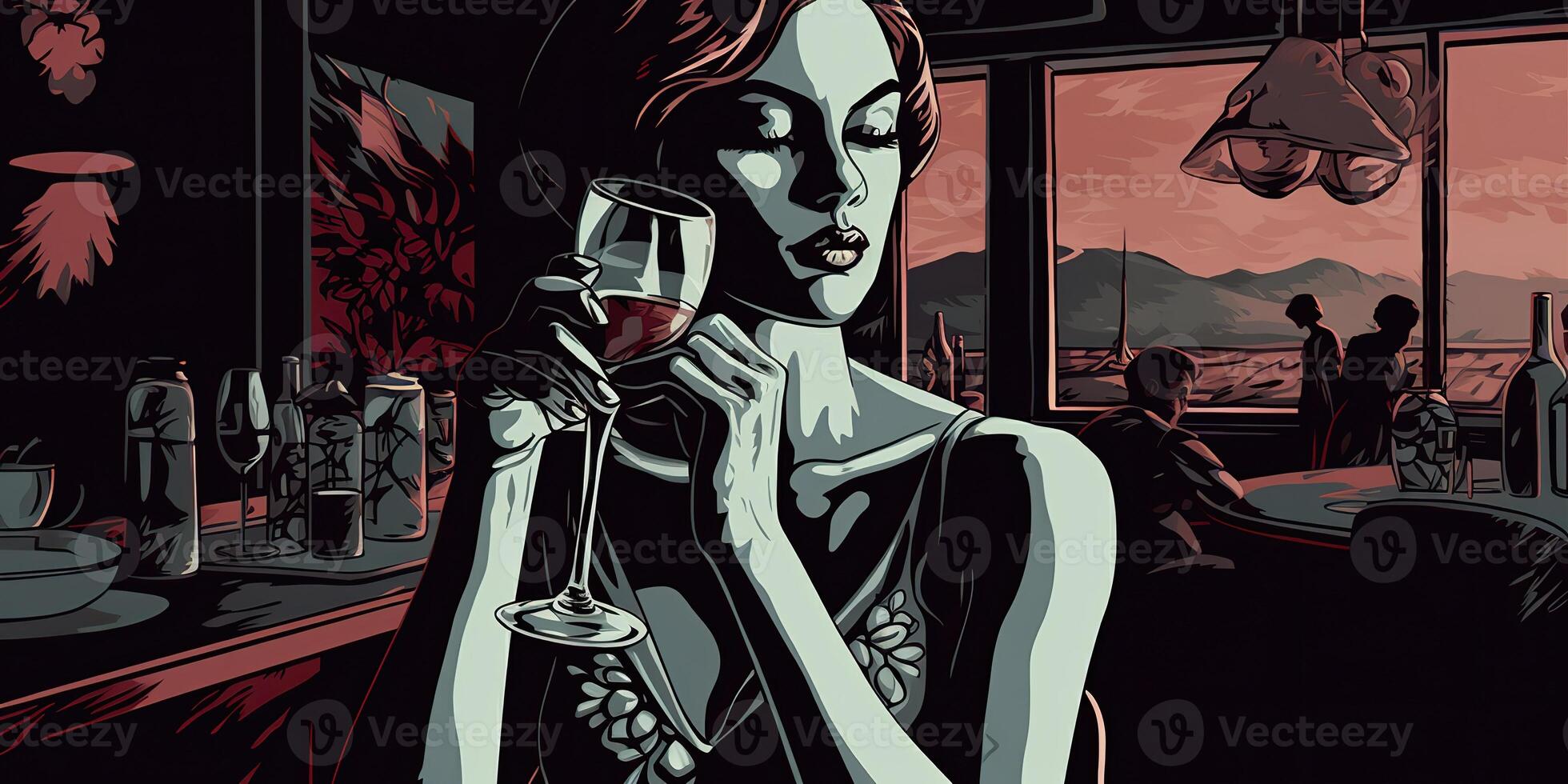 . . Retro vintage pretty woman with red wine glass at night party pub. Romantic noir film vibe. Graphic Art Illustration. photo