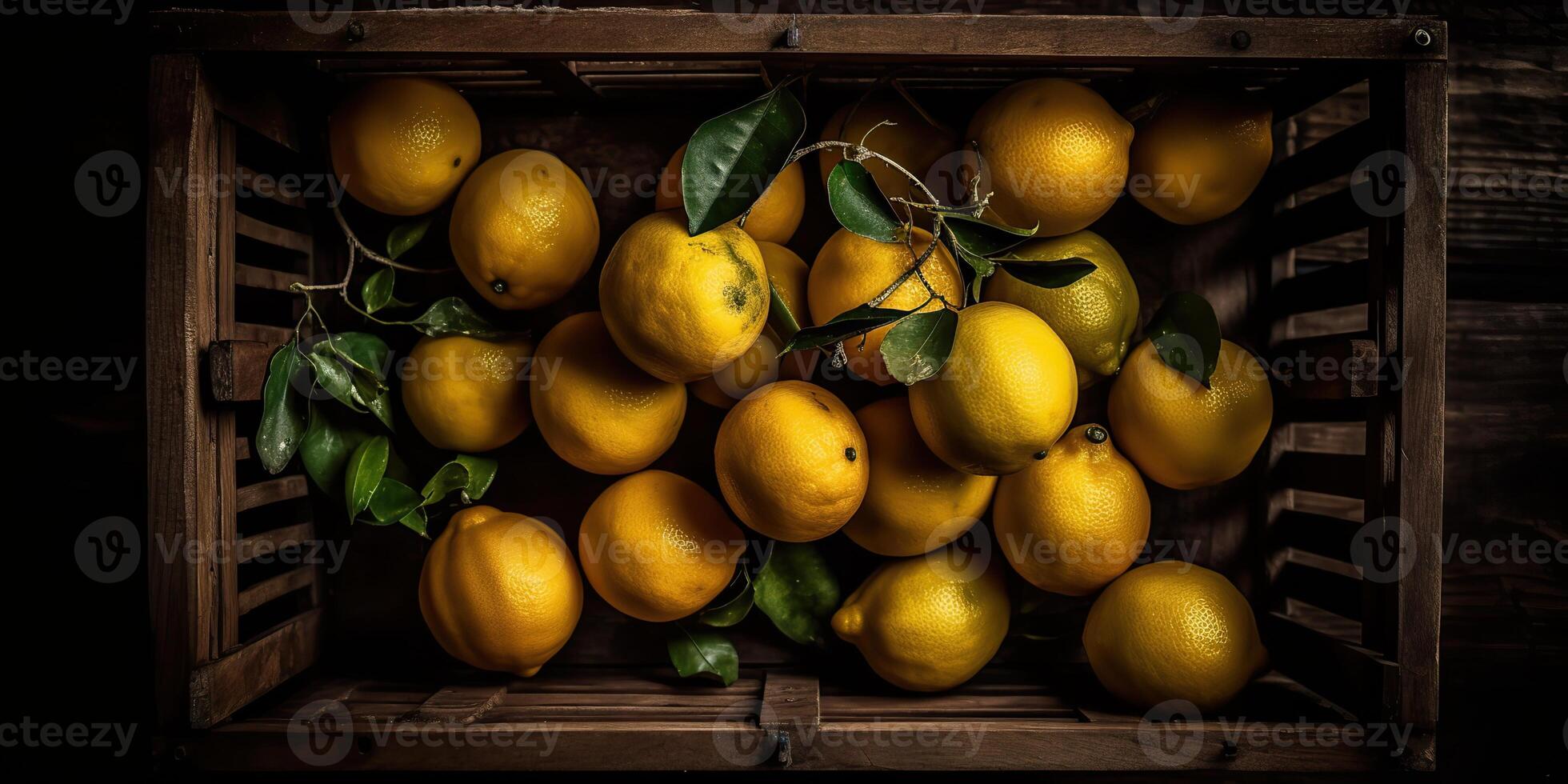 . . Photo realistic illustration of yellow eco organi lemons limes in wood rustic vintage box. Top view vibe. Graphic Art