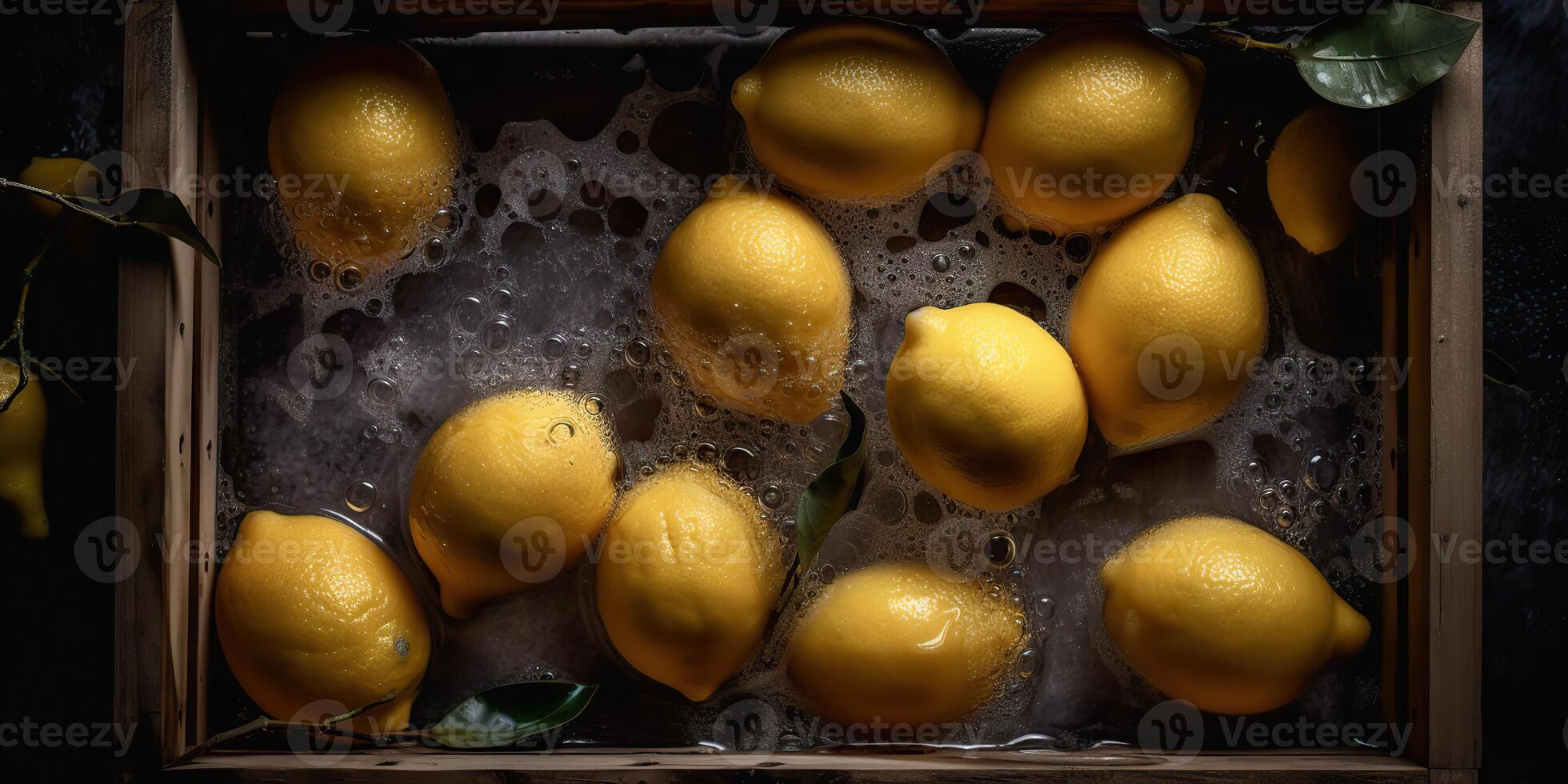 . . Photo realistic illustration of yellow eco organi lemons limes in wood rustic vintage box. Top view vibe. Graphic Art