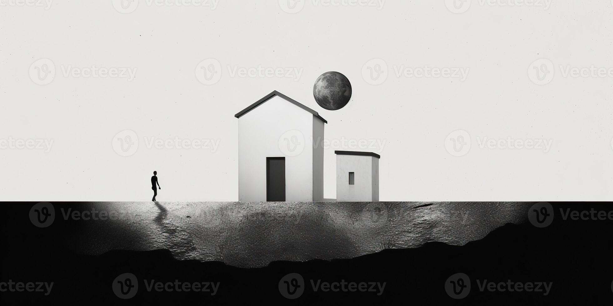 . . Surrealism lonely mood illustration with a lonely man person in urban city minimal decoration. Graphic Art photo
