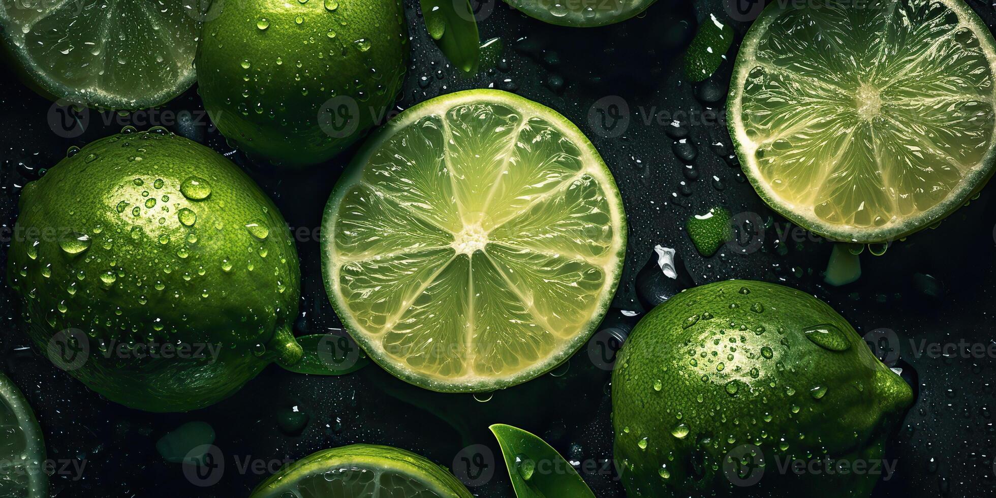 . . Macro shot photography of slices limes green tropical fruits. Graphic Art photo