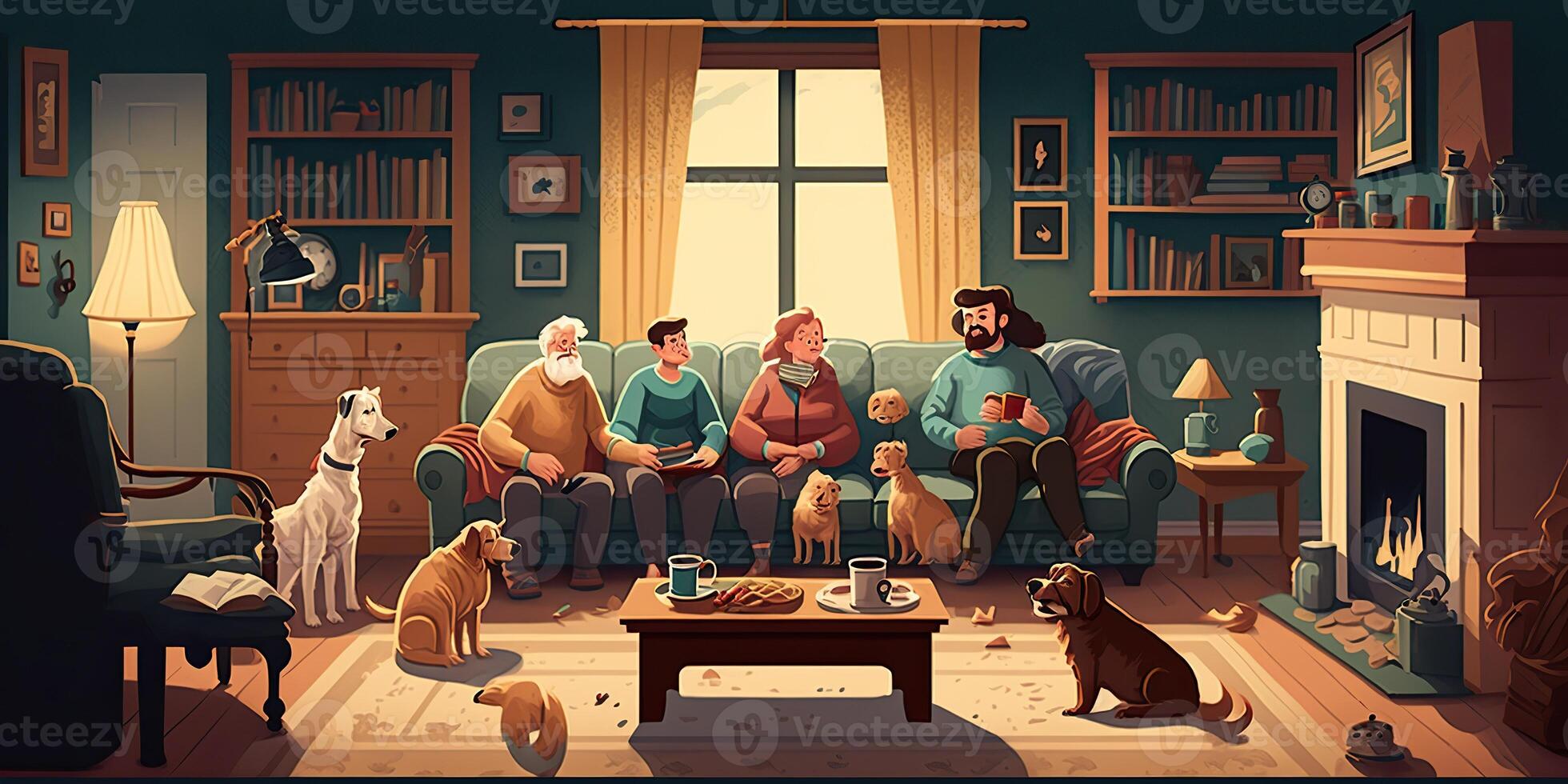 . . Cartoon style cozy home big family illustration. Happy vibe holiday. Graphic Art photo