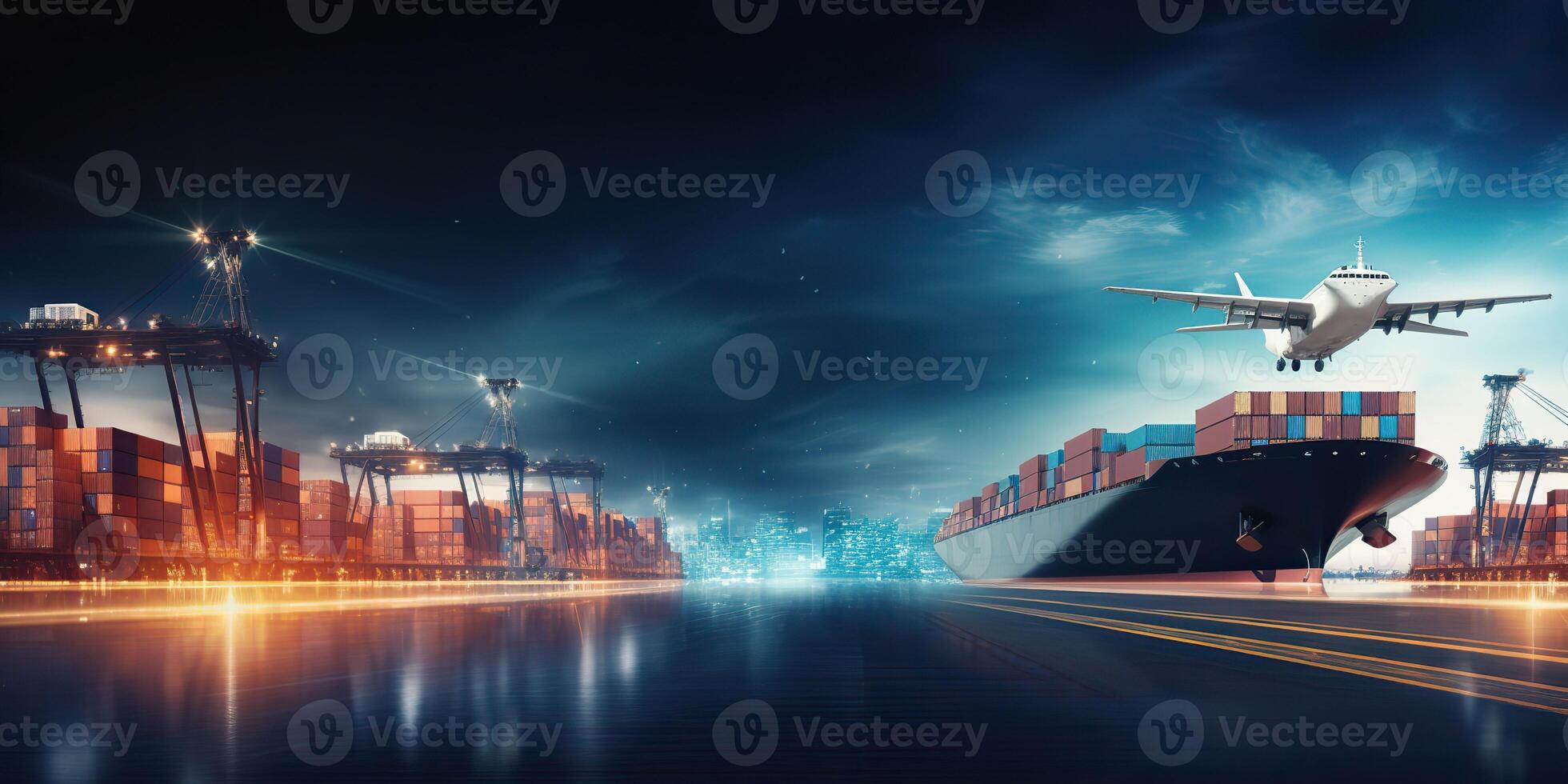 . . Photo Realistic shot of sea port cargo with ships and containers. Logistic business transportation doc. Graphic Art