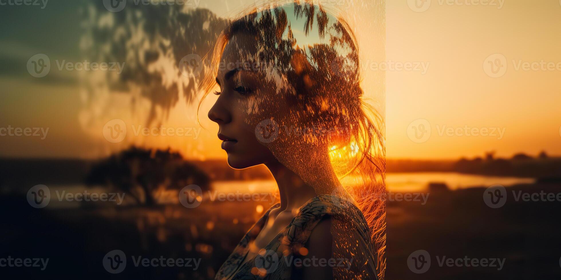 . . Double exposure photo realistic illustration. Romantic free soul lifestyle adventure vibe. Graphic Art