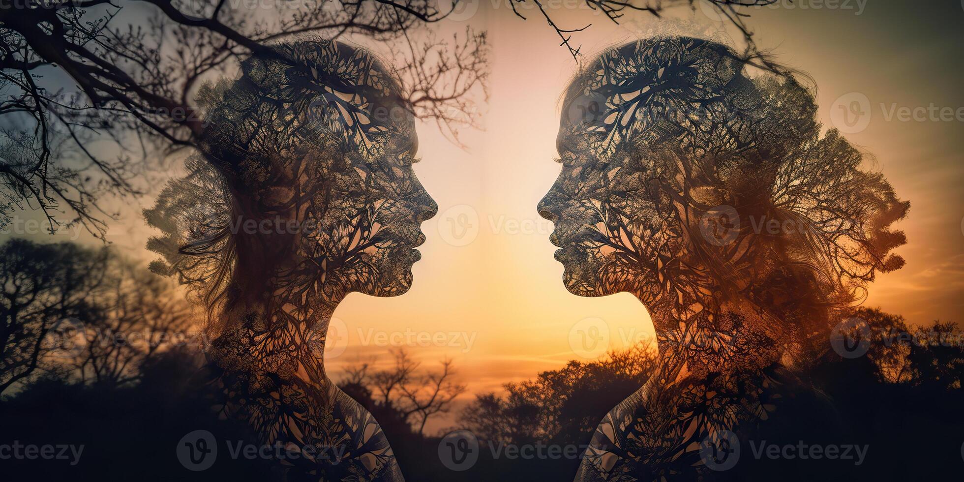 . . Double exposure photo realistic illustration. Romantic free soul lifestyle adventure vibe. Graphic Art