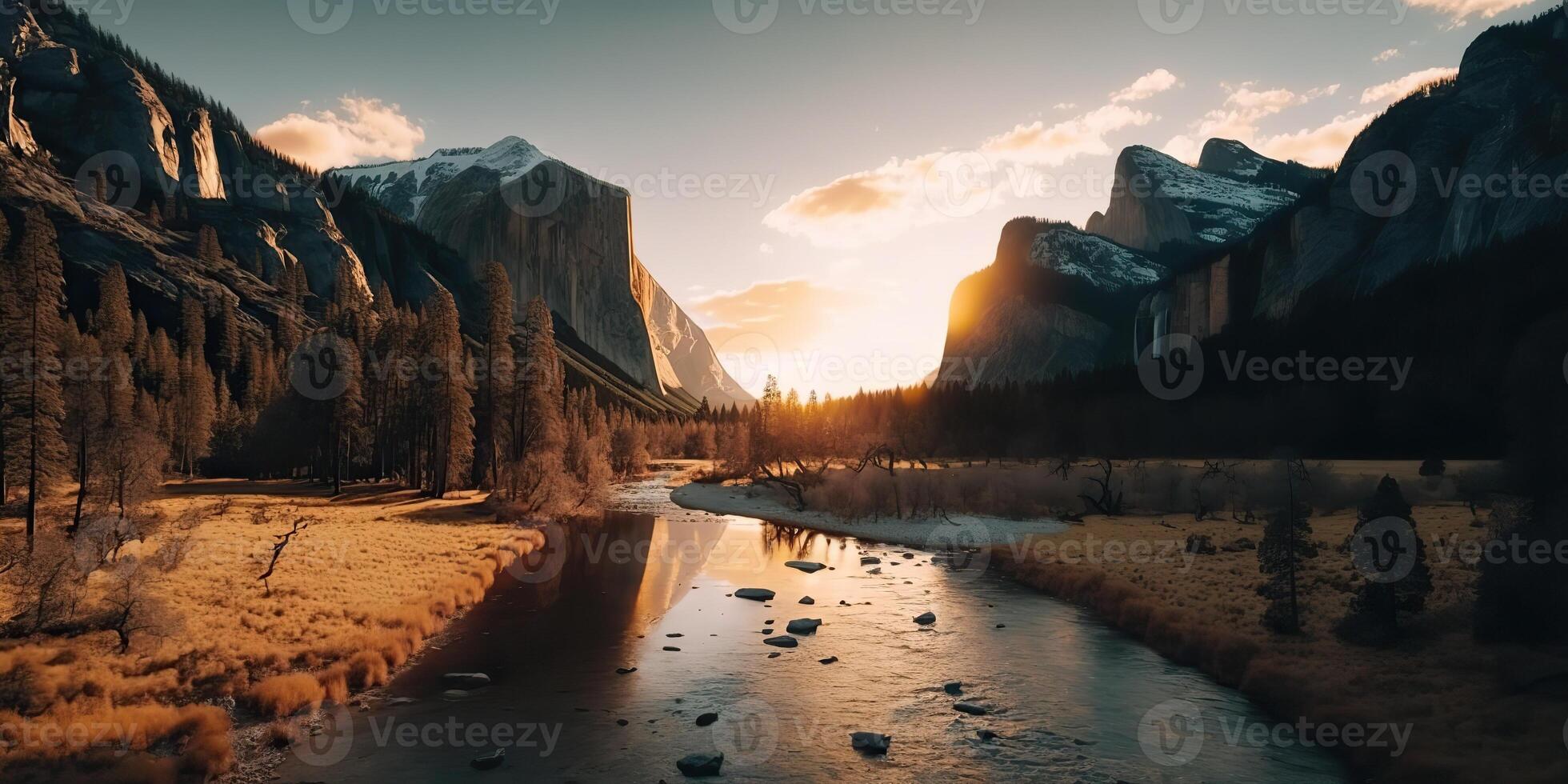 . . Photo realistic illustration of usa american Yosemite national park in the evening morning. Adventure explore vibe. Graphic Art