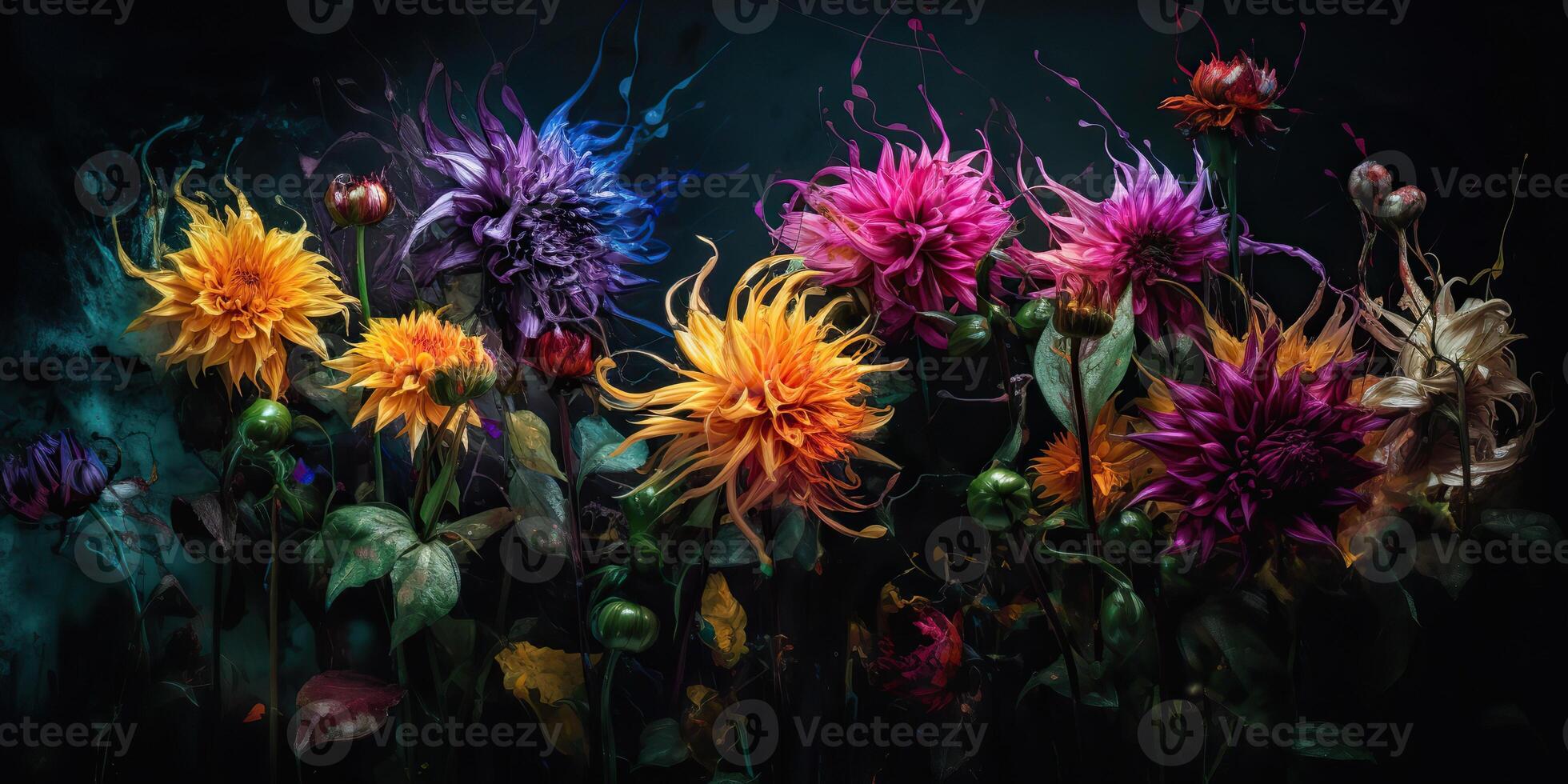 . . Beatiful painted oil drawing flowers. Aesthetics style inspired by dark mood Tim Burton vibe. Graphic Art photo