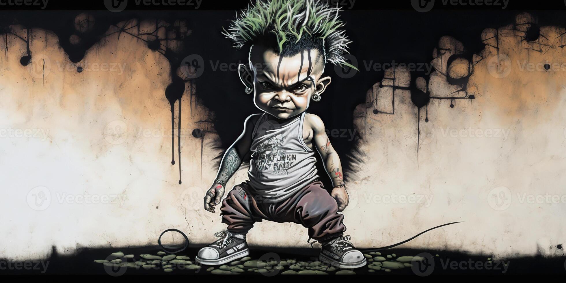 . . Street art wall grafitti inspired by banksy style. Kid punk in cyberpunk vibe. Graphic Art photo