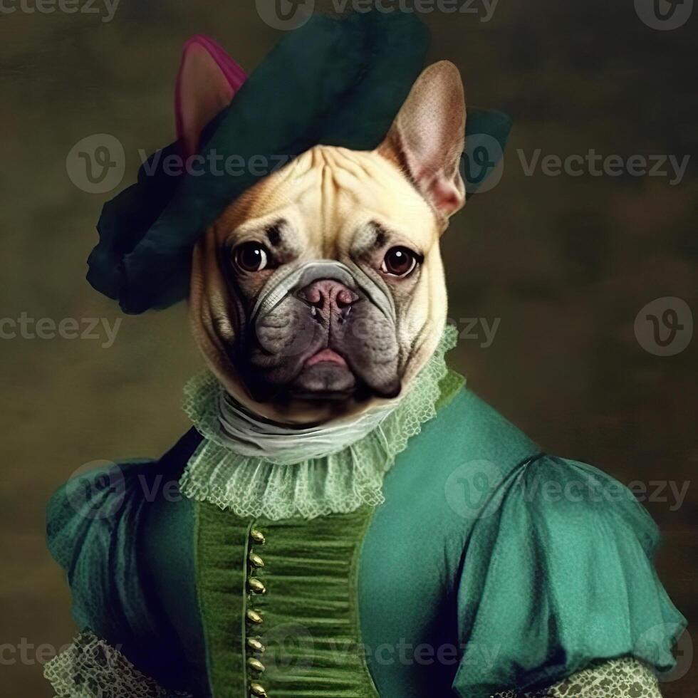 . . Photo realistic illustration of cute french bulldog frenchie dog in history renaissance cloth costume. Graphic Art