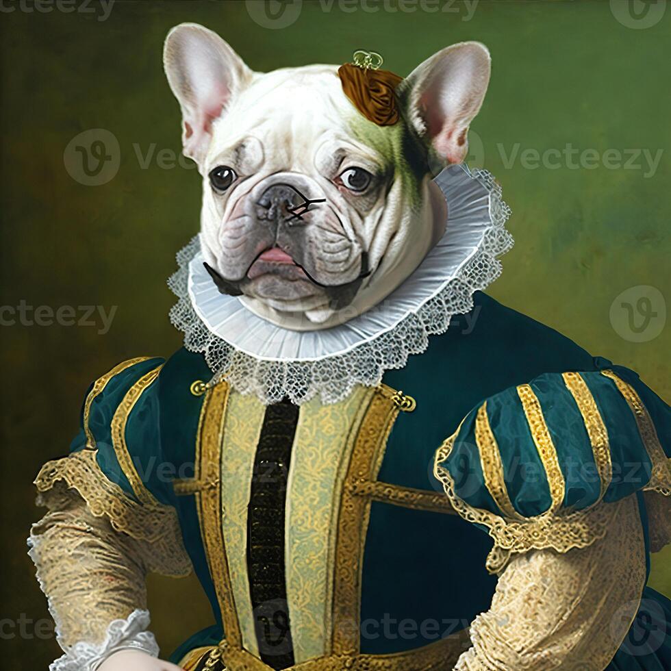 . . Photo realistic illustration of cute french bulldog frenchie dog in history renaissance cloth costume. Graphic Art