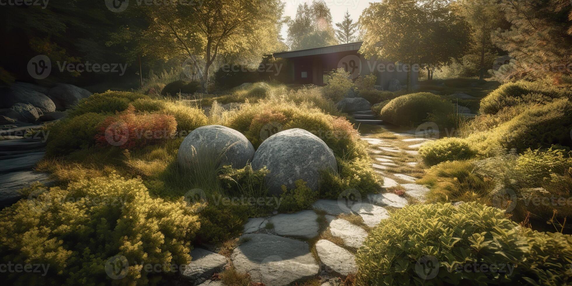 . . Photo realistic illustration of scandinavian peace calm meditation garden outside city house. Relax vibe. Graphic Art