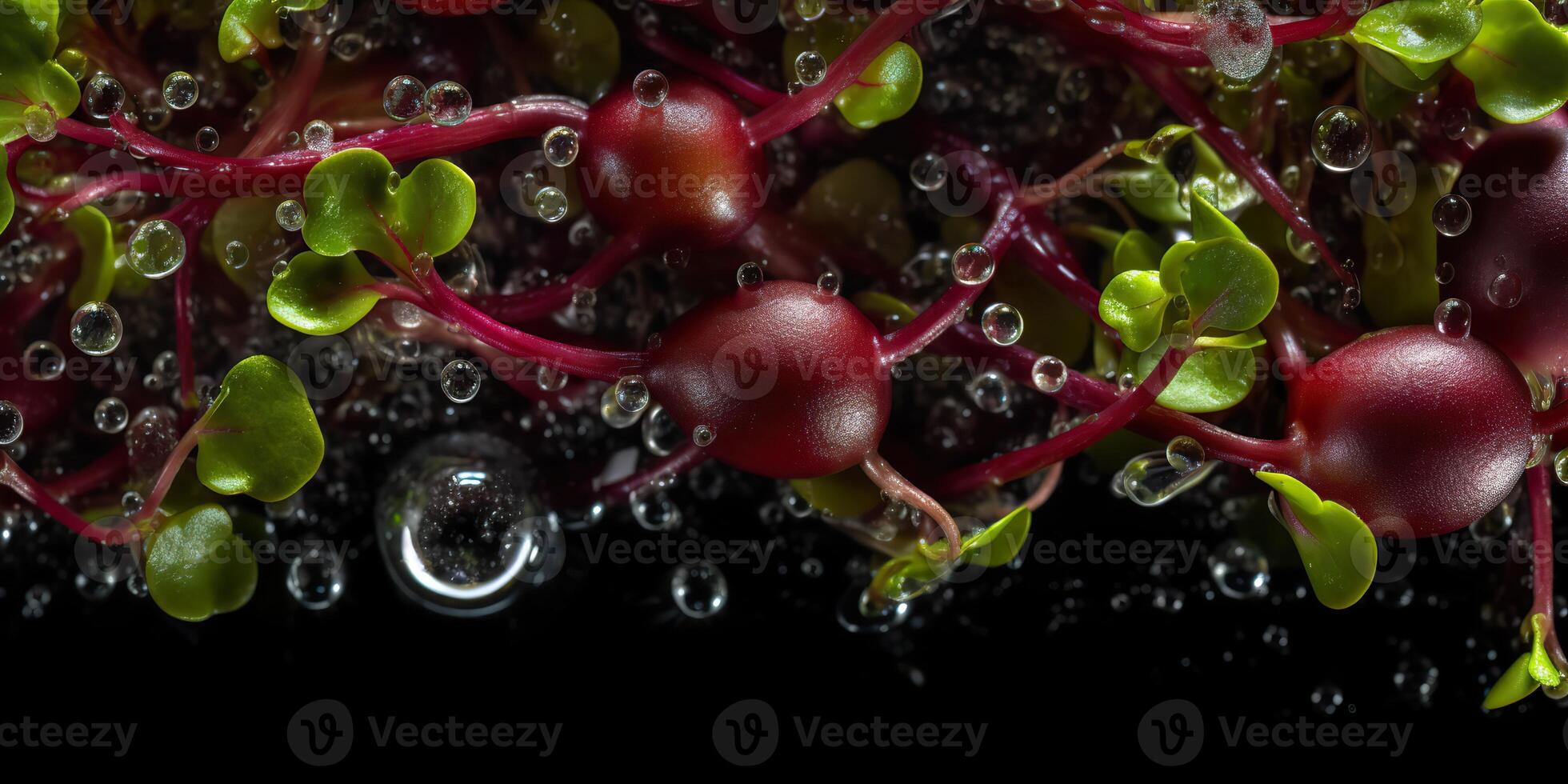 . . Photo realistic shot illustration of germinated beet sprouts pattern background. Eco healthy organic lifestyle vibe. Graphic Art