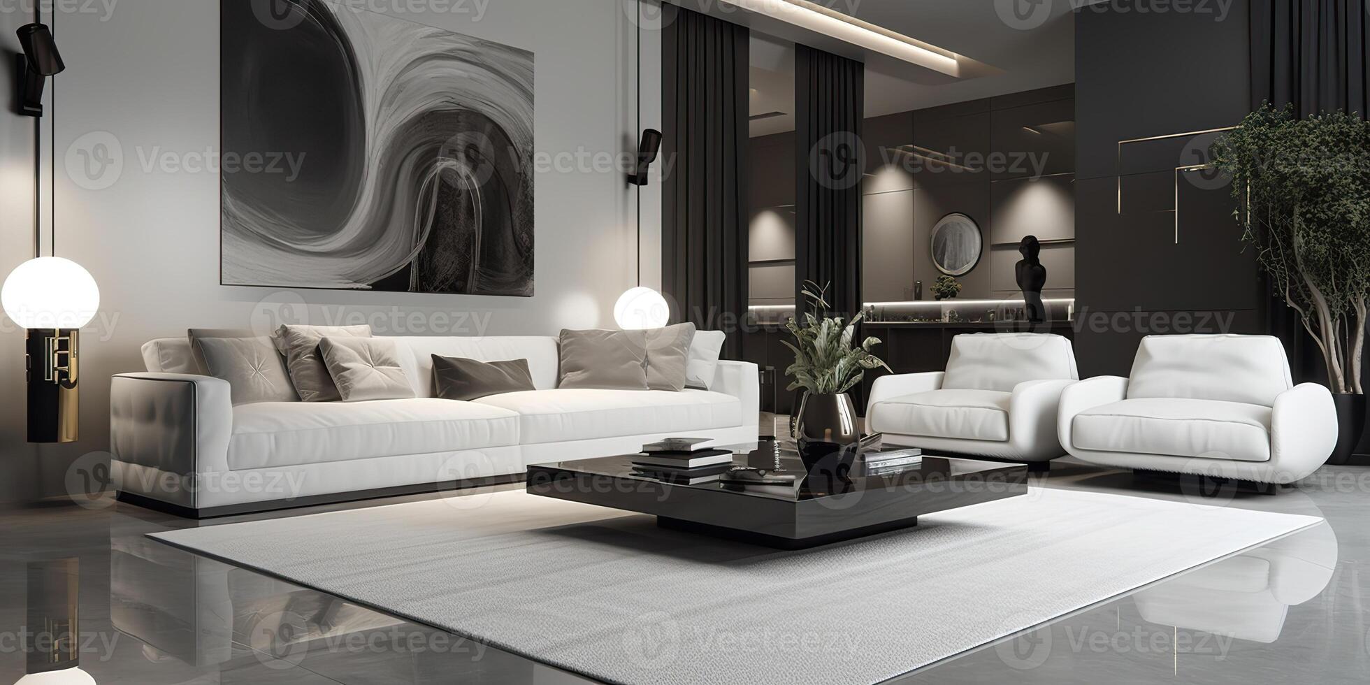 . . Macro shot of photo realistic living luxury room in mininalistic style. Rich calm vibe. Graphic Art