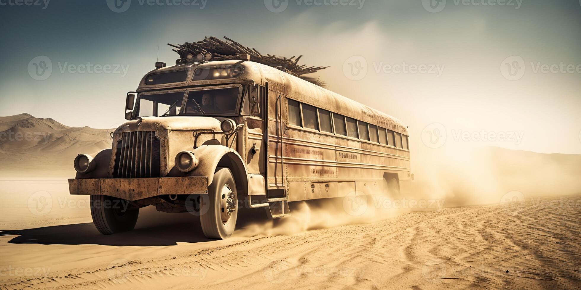 . . Photo realistic illustration of bus riding in the desrt on the road. Mad Max movie inspired. Graphic Art