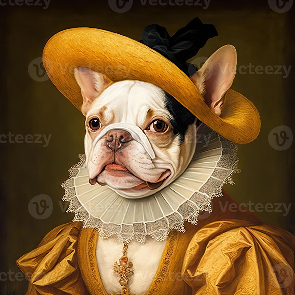 ai generado. ai generativo. foto realista ilustración de linda francés buldog frenchie perro en historia Renacimiento paño traje. gráfico Arte