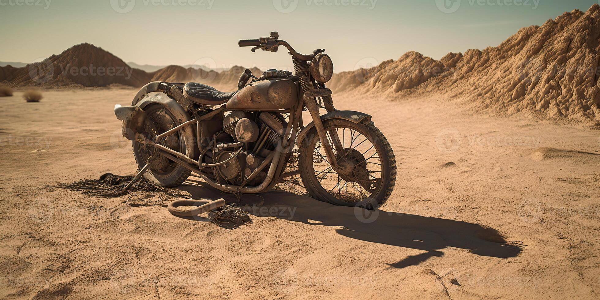 . . Old vintage retro brutal motor bike in desert road. Mad Max movie inspired. Adventure explore travel vibe. Graphic Art photo