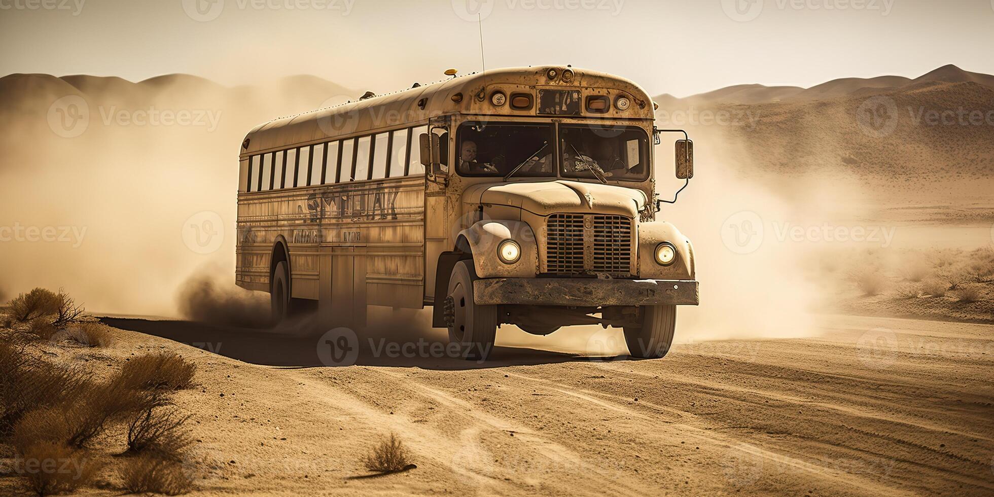 . . Photo realistic illustration of bus riding in the desrt on the road. Mad Max movie inspired. Graphic Art