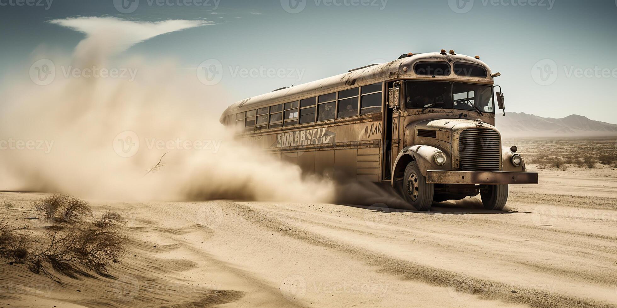 . . Photo realistic illustration of bus riding in the desrt on the road. Mad Max movie inspired. Graphic Art