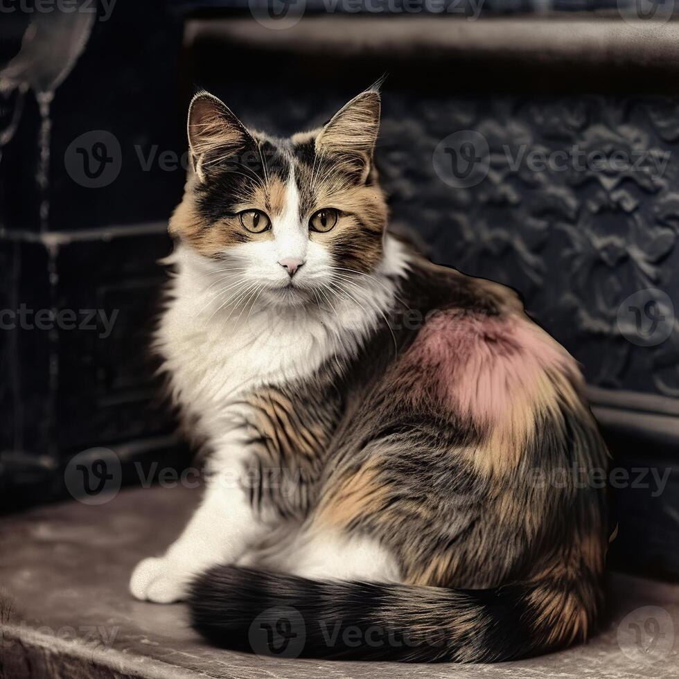 ai generado. ai generativo. Década de 1910 Clásico retro de colores foto realista fotografía ilustración. bolígrafo animal gatito gato relajarse onda. gráfico Arte