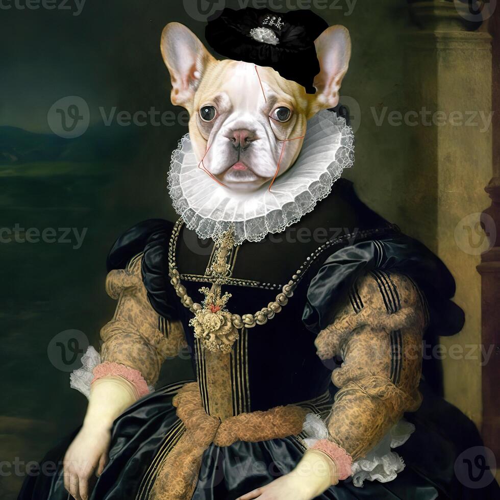 ai generado. ai generativo. foto realista ilustración de linda francés buldog frenchie perro en historia Renacimiento paño traje. gráfico Arte