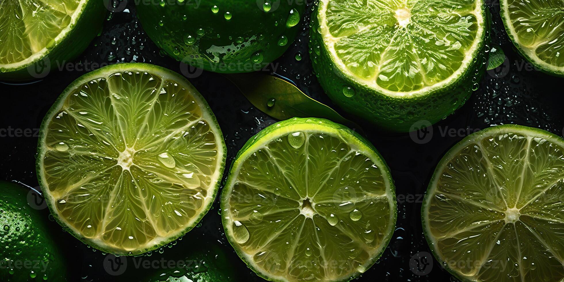 . . Macro shot photography of slices limes green tropical fruits. Graphic Art photo