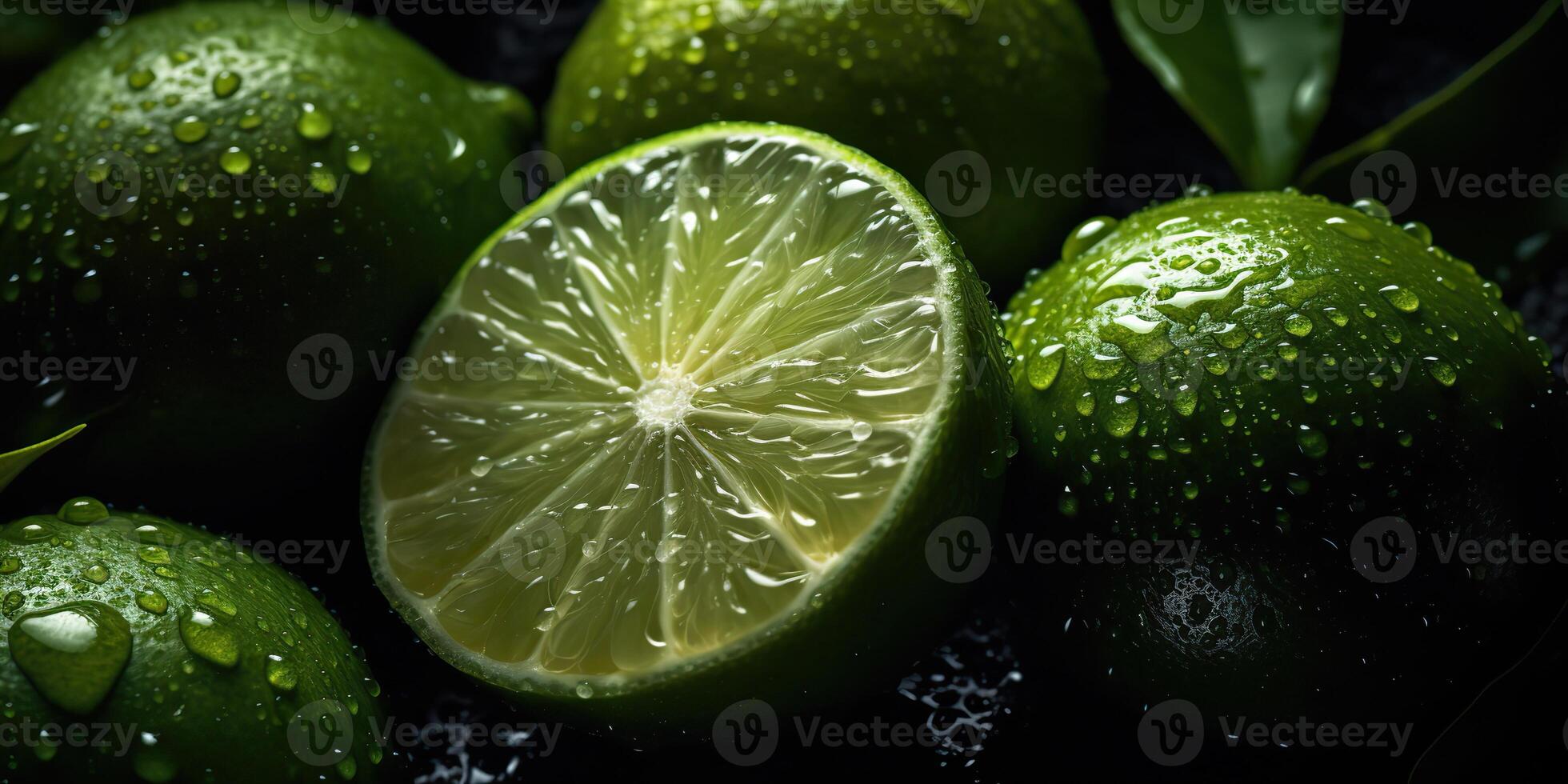 . . Macro shot photography of slices limes green tropical fruits. Graphic Art photo