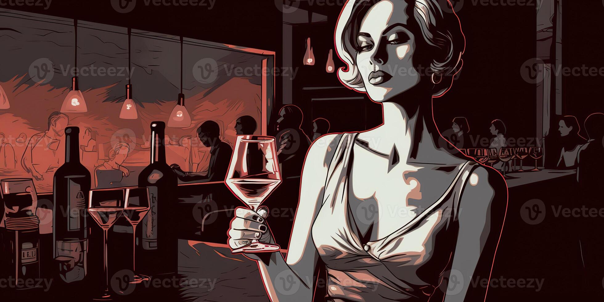 . . Retro vintage pretty woman with red wine glass at night party pub. Romantic noir film vibe. Graphic Art Illustration. photo
