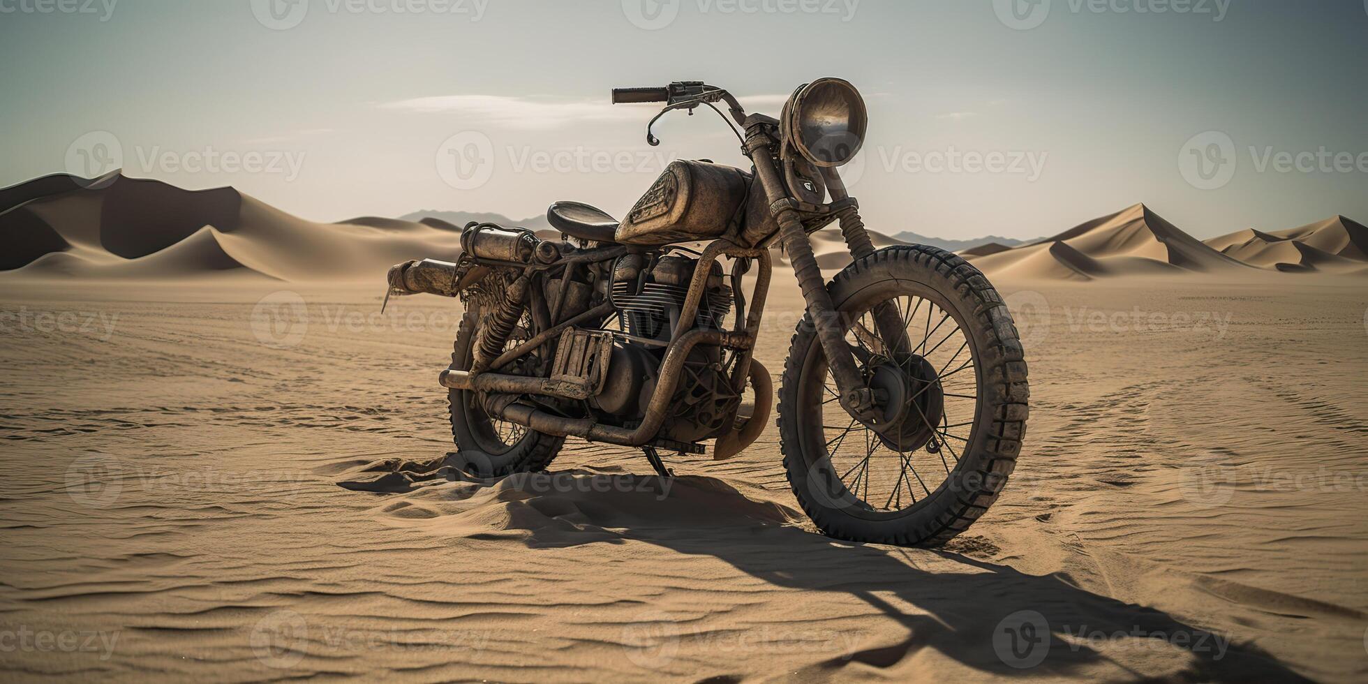 . . Old vintage retro brutal motor bike in desert road. Mad Max movie inspired. Adventure explore travel vibe. Graphic Art photo