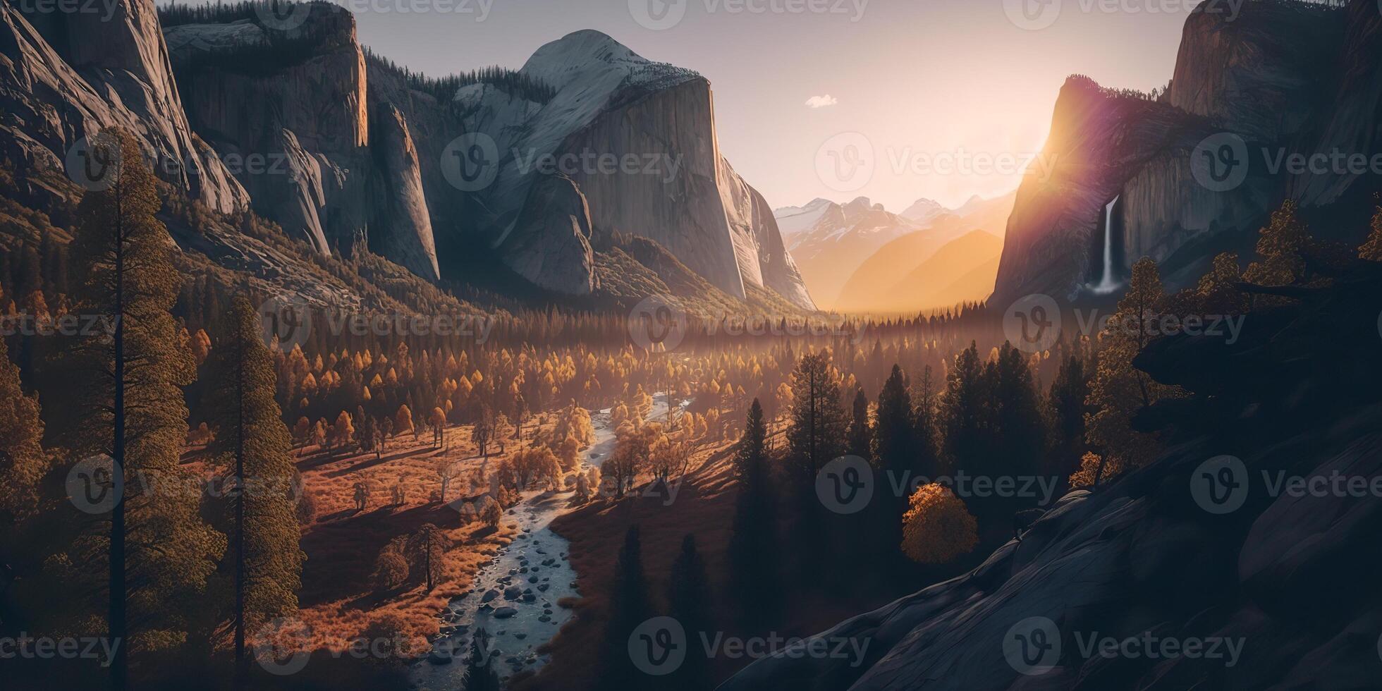 . . Photo realistic illustration of usa american Yosemite national park in the evening morning. Adventure explore vibe. Graphic Art