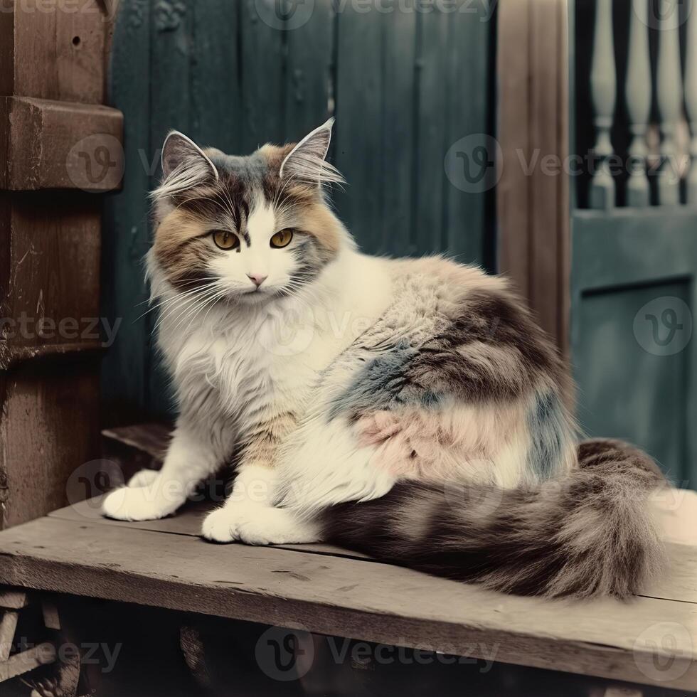 ai generado. ai generativo. Década de 1910 Clásico retro de colores foto realista fotografía ilustración. bolígrafo animal gatito gato relajarse onda. gráfico Arte