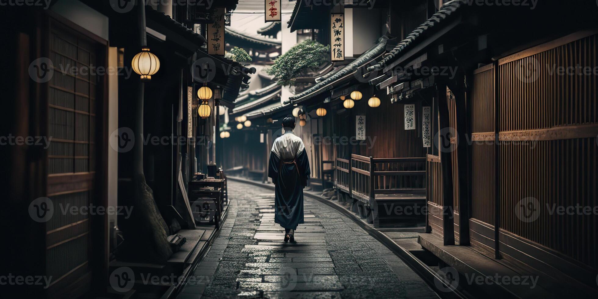 . . Photo realistic photography illustration of ancient old vintage retro Japan Kyoto city. Adventure asian exploration vibe. Graphic Art