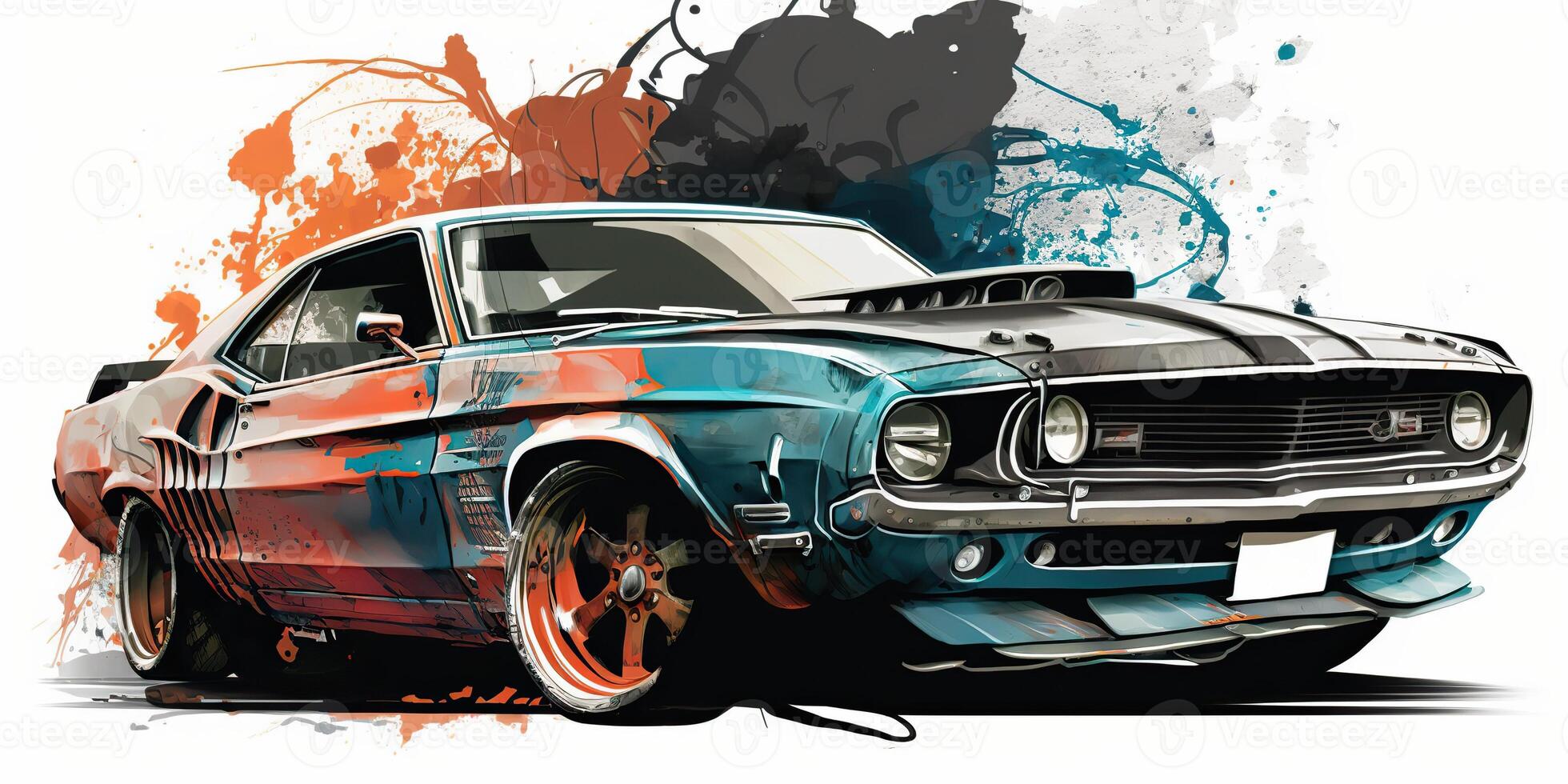 . Realisitc cartoon illustration of sportcar muscle car mustang in vintage retro style. . Graphic Art photo