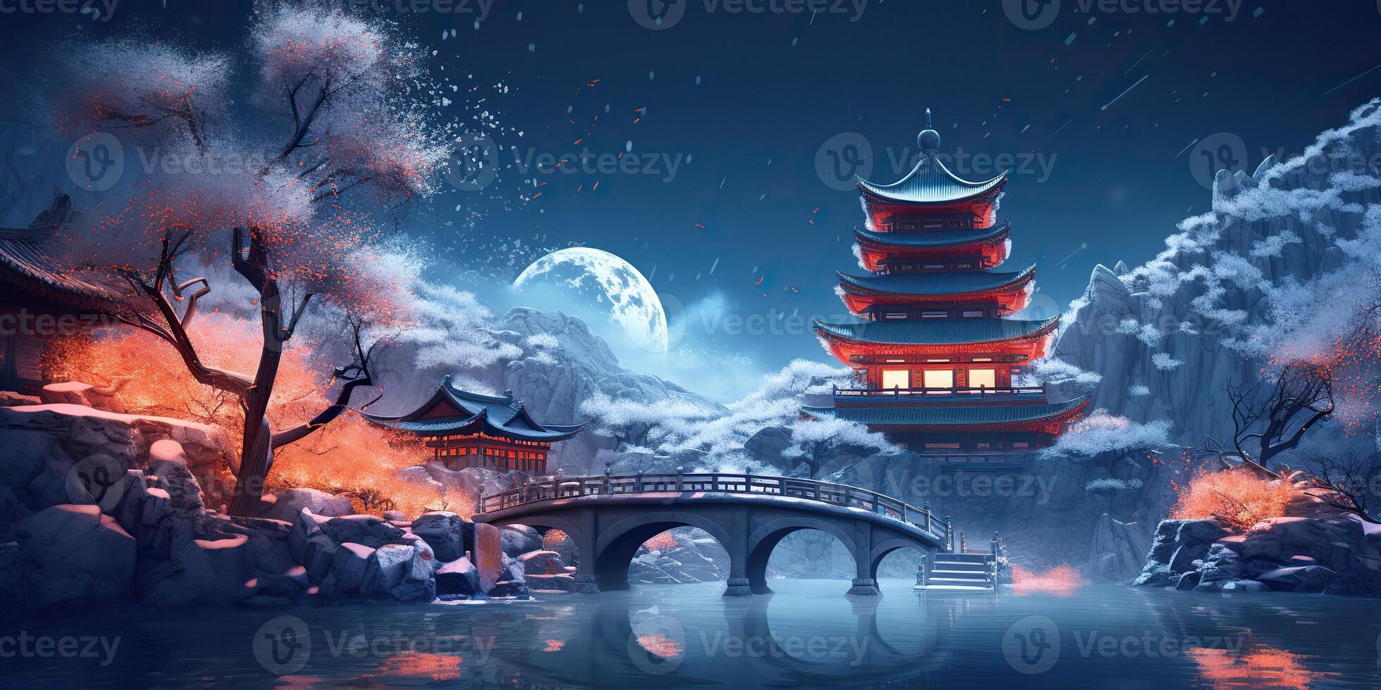 . Asian chinese cartoon style blue colors pagoda temple tower landscape. . Graphic Art photo