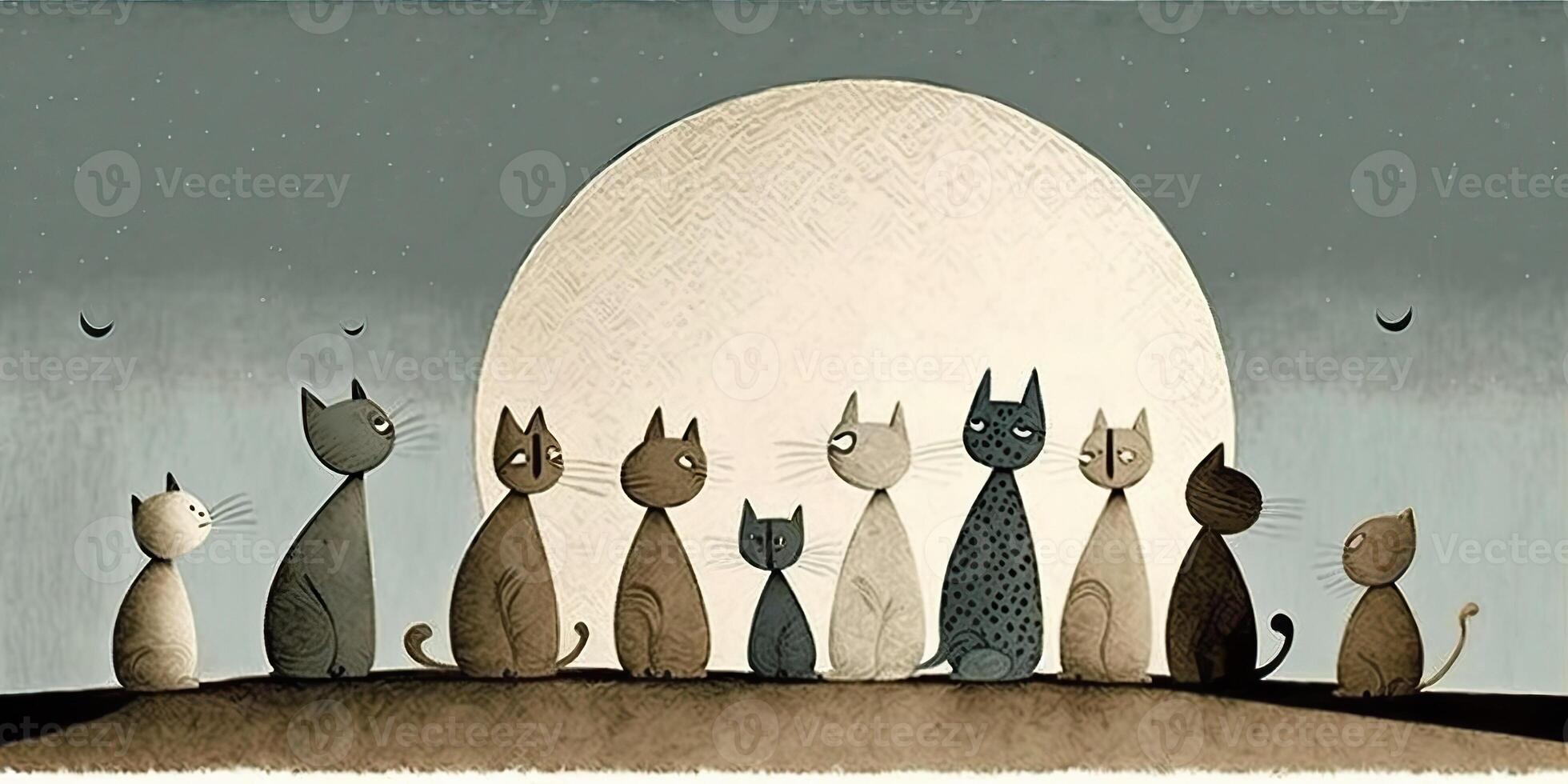 . Cartoon illustration of cats looking at moon. Nigh magic romantic vibe. Inspired by Jon Klassen. . Graphic Art photo