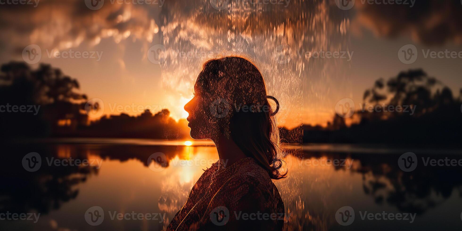 . . Double exposure photo realistic illustration. Romantic free soul lifestyle adventure vibe. Graphic Art