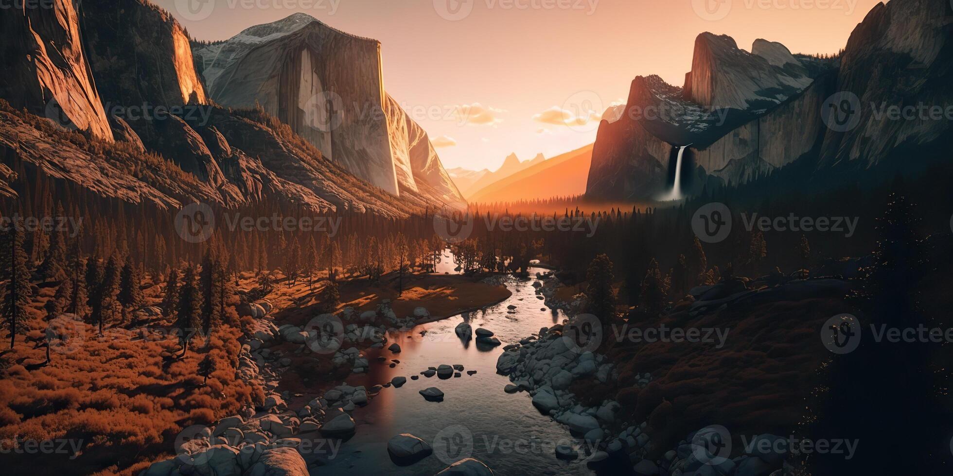 . . Photo realistic illustration of usa american Yosemite national park in the evening morning. Adventure explore vibe. Graphic Art